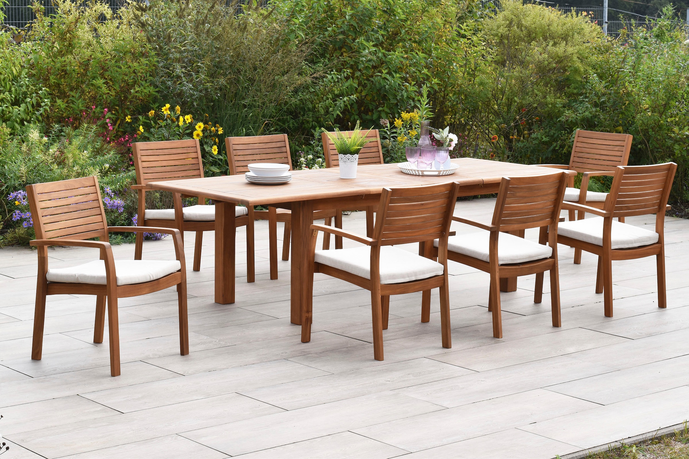 MERXX Garten-Essgruppe »»Batavia««, (Set, 17 tlg., Tisch doppelt ausziehbar: 100x 180/220/260x 75 cm), moderne Landhausoptik in warmen Holznuancen