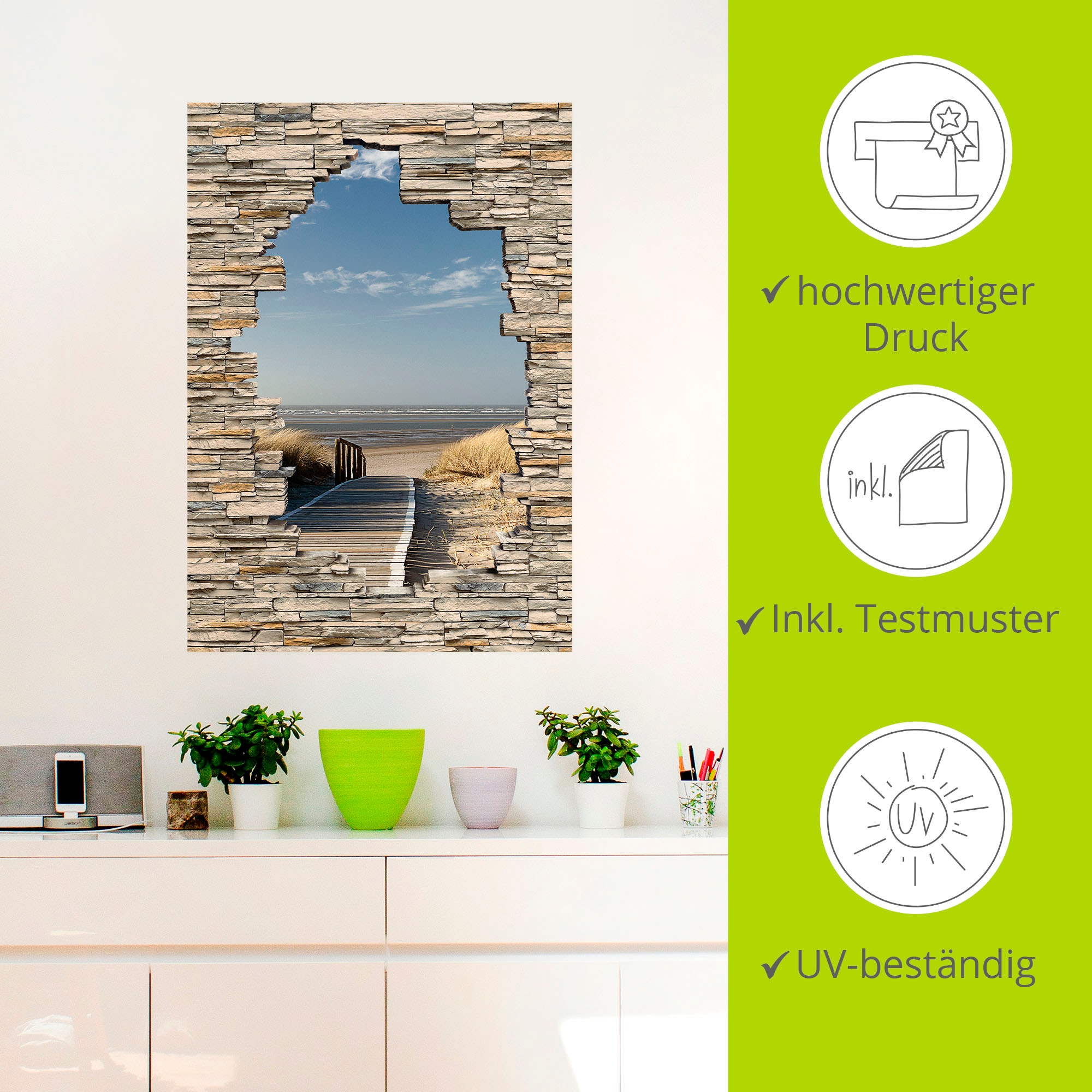 Artland Wandbild »Nordseestrand Langeoog Steg Stein Mauer«, Strandbilder, (1 St.), als Wandaufkleber in verschied. Größen