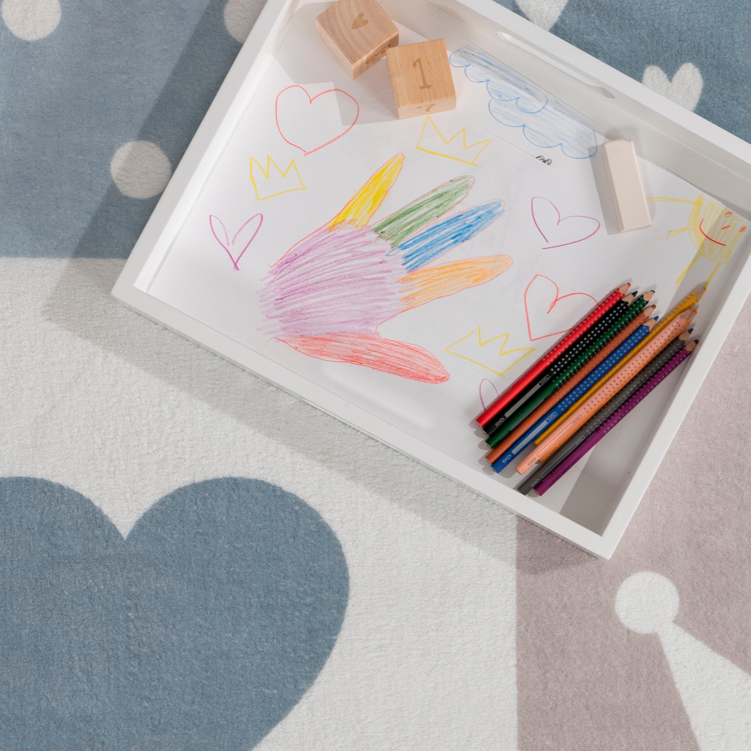 Paco Home Kinderteppich »Eliz 391«, rechteckig, 12 mm Höhe, Kurzflor, Spielteppich, Patchwork-Muster, Motiv Krone, Herz & Punkte