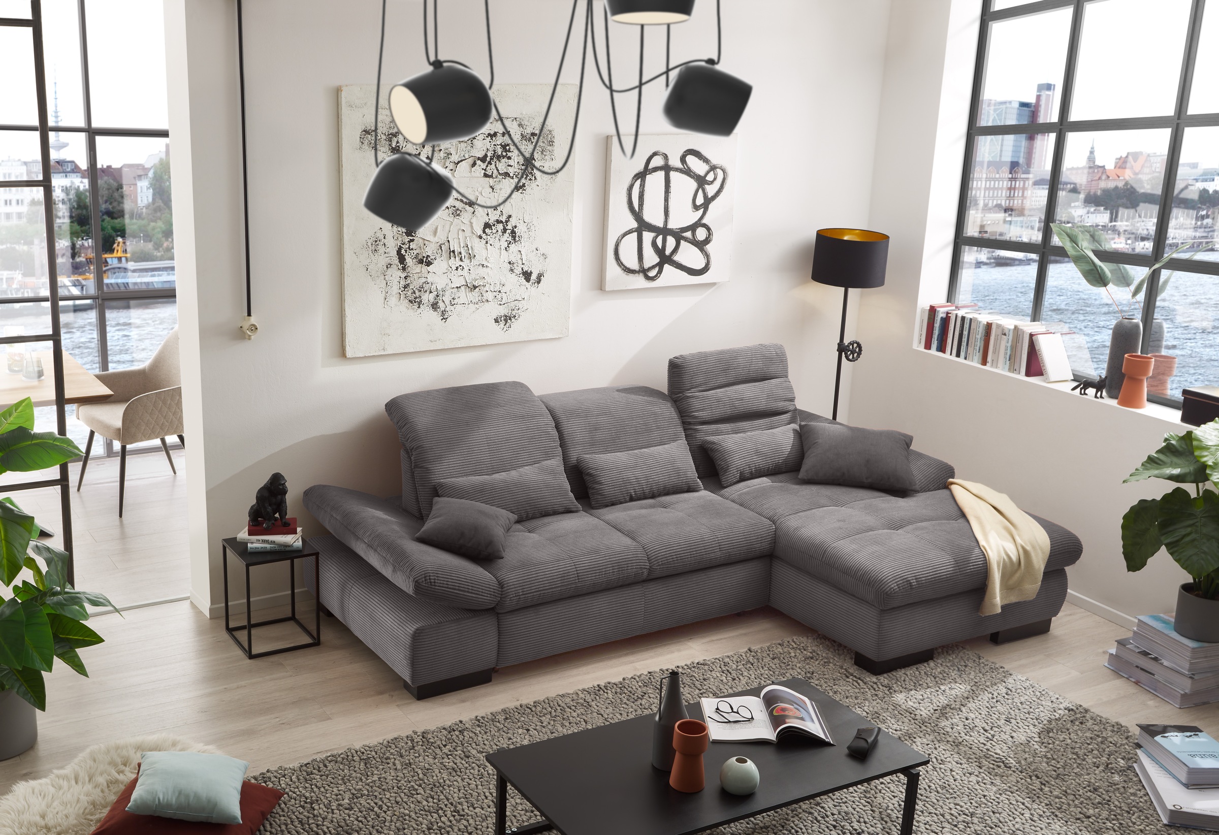 set one by Musterring Ecksofa »SO4100 V«, mit verstellbaren Kopfteilen, wahlweise mit Funktionen, Cord-Bezug