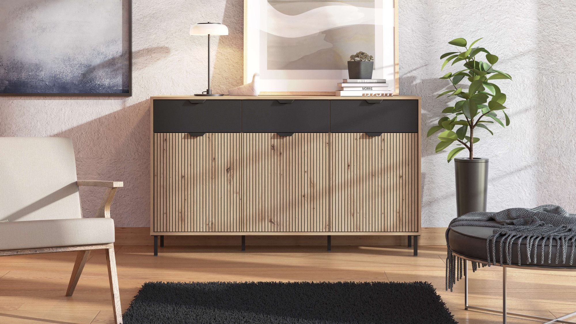 Home affaire Kommode »Mayenne Sideboard, Schubladenschrank, Kommode, Anrichte, Breite 157cm«, Wohnzimmermöbel, Schlafzimmermöbel, mit Drehtüren und drei Schubladen