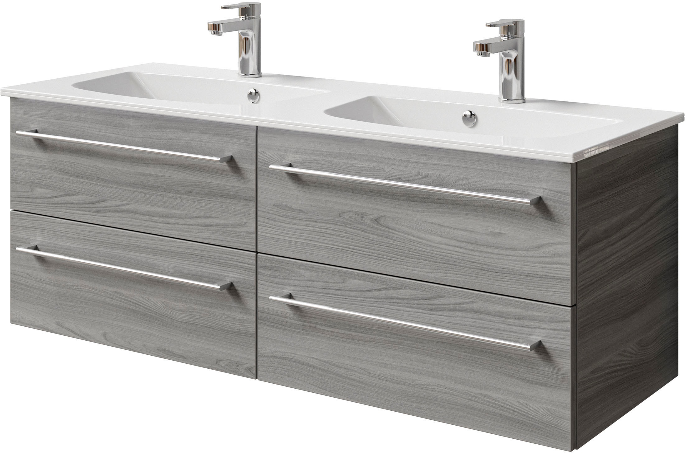 Saphir Badmöbel-Set »Serie 6025 2-teilig Mineralmarmor-Waschtisch mit LED-Spiegelschrank«, (2 St.), Waschplatz 132cm breit, 4 Schubladen, 2 Spiegel-Türen, inkl Türdämpfer