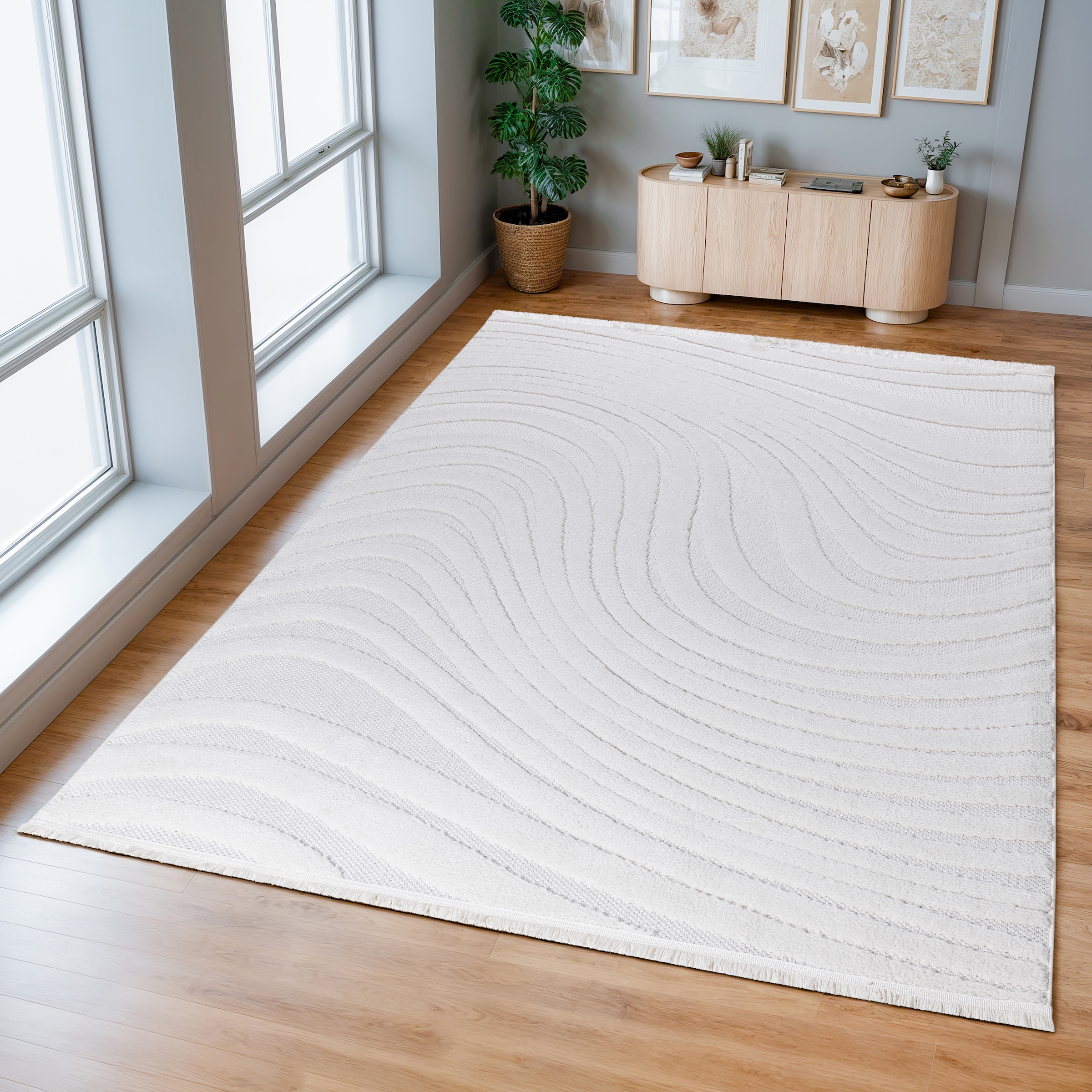 OTTO home Teppich »Samelia mit Fransen, Balkon, Camping«, rechteckig, 6 mm Höhe, Hoch-Tief-Struktur, In- und Outdoor geeignet für Küche oder Esszimmer