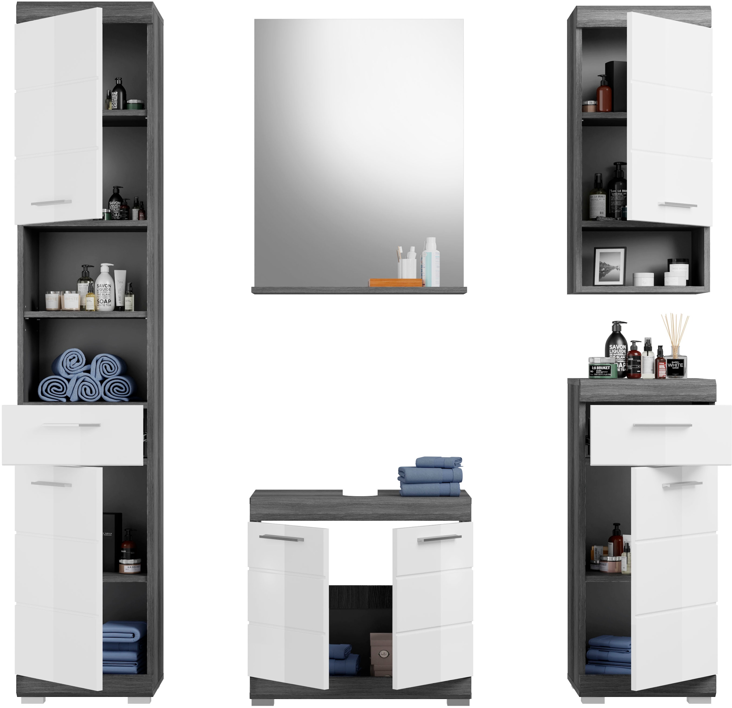 INOSIGN Badmöbel-Set »Siena, 5 teilig, bestehend aus:«, (Set, 5 St.), Hochschrank, WBU, Spiegel, Unterschrank, Hängeschrank