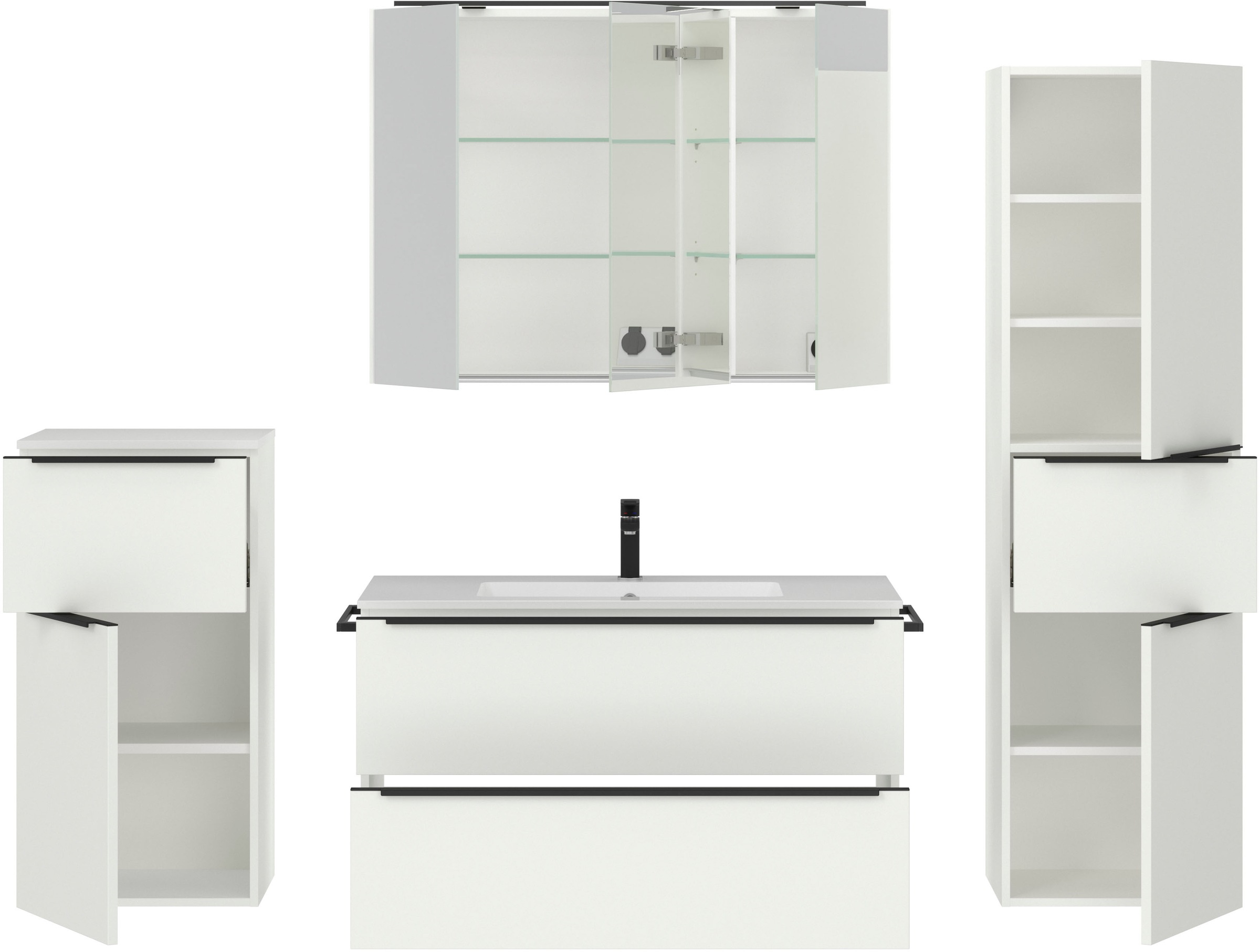 nobilia® Badmöbel-Set »Levere«, (4 St., vormontiert, mit Soft-Close), inkl. Spiegelschrank mit Beleuchtung und Dimmerfunktion, in 4 Breiten