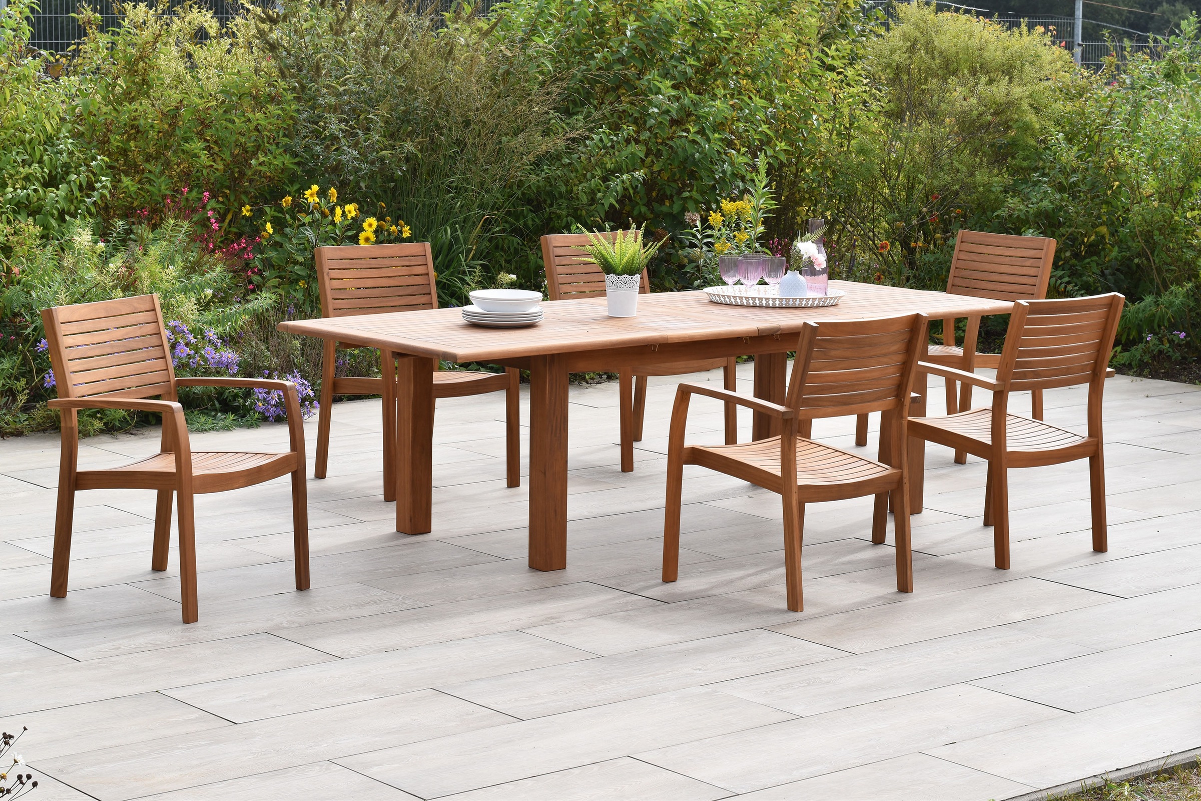 MERXX Garten-Essgruppe »»Batavia««, (Set, 7 tlg., Tisch doppelt ausziehbar: 100x 180/220/260x 75 cm), moderne Landhausoptik in warmen Holznuancen