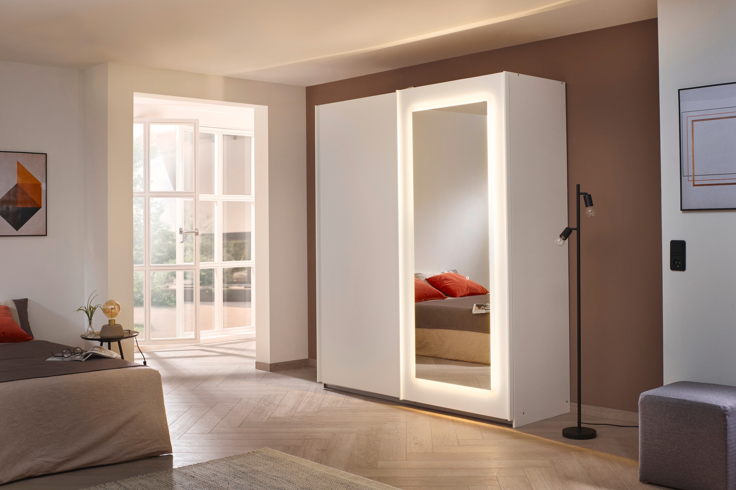 rauch Schwebetürenschrank »Kleiderschrank Schrank Garderobe Wäscheschrank ABRAXXAS«, mit Spiegel und integrierter dimmbarer LED-Beleuchtung MADE IN GERMANY