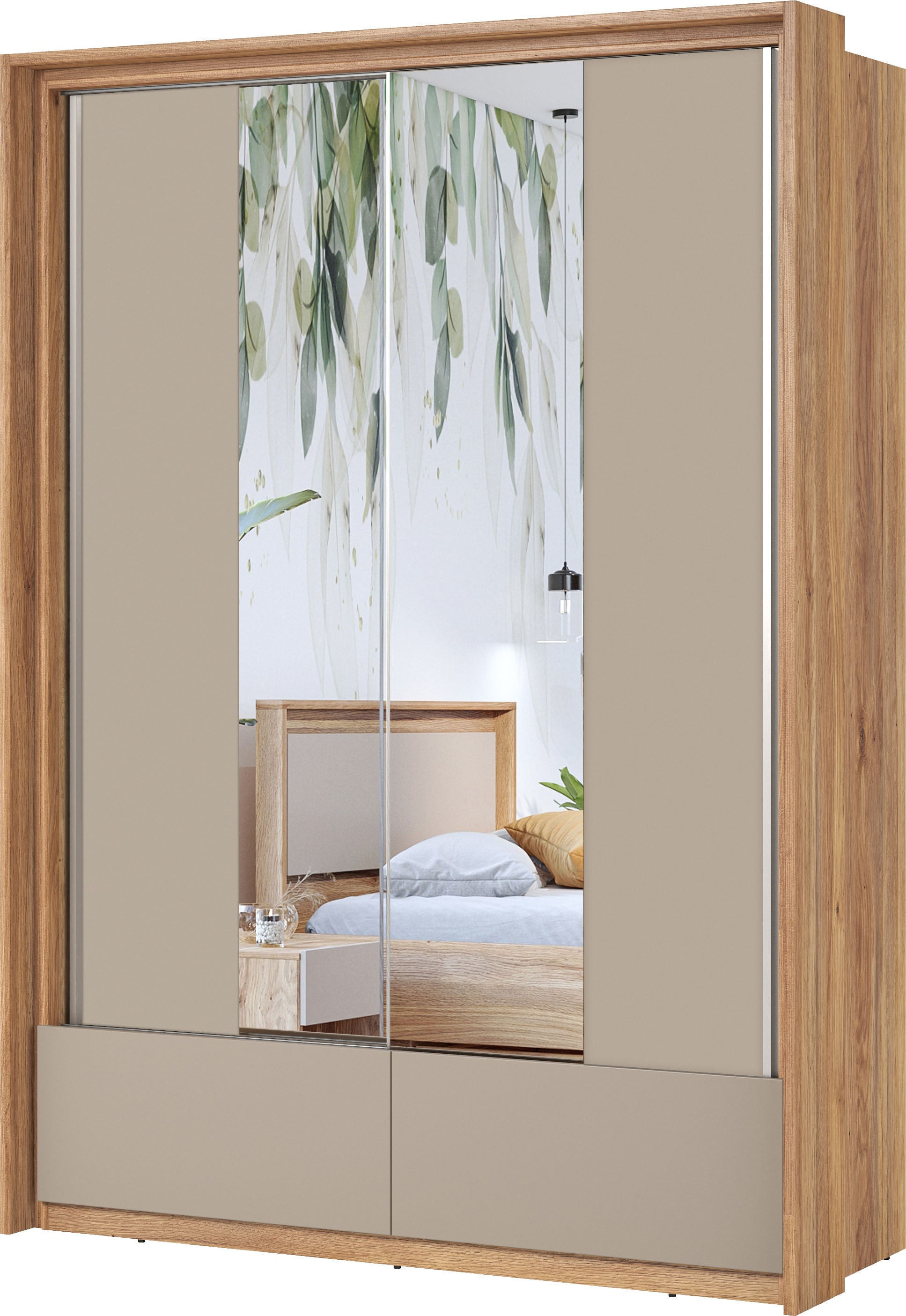 INOSIGN Schwebetürenschrank »Wharton, Breite 159 oder 209 cm, Kleiderschrank incl. Innenausstattung«, Wäscheschrank, 2 Schubkästen, 2 Spiegel, Metallgriffe, Garderobe