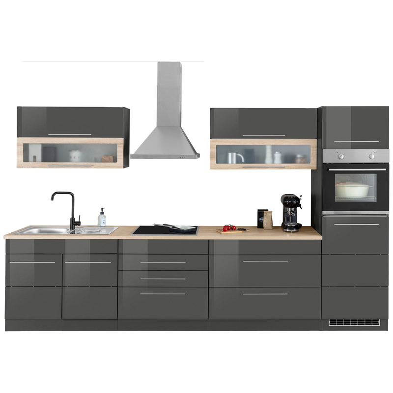 KOCHSTATION Küchenzeile »KS-Wien« Breite 340 cm, wahlweise mit E-Geräten und Induktion Küche: grau + Front: grau Hochglanz + Korpus: grafit +...