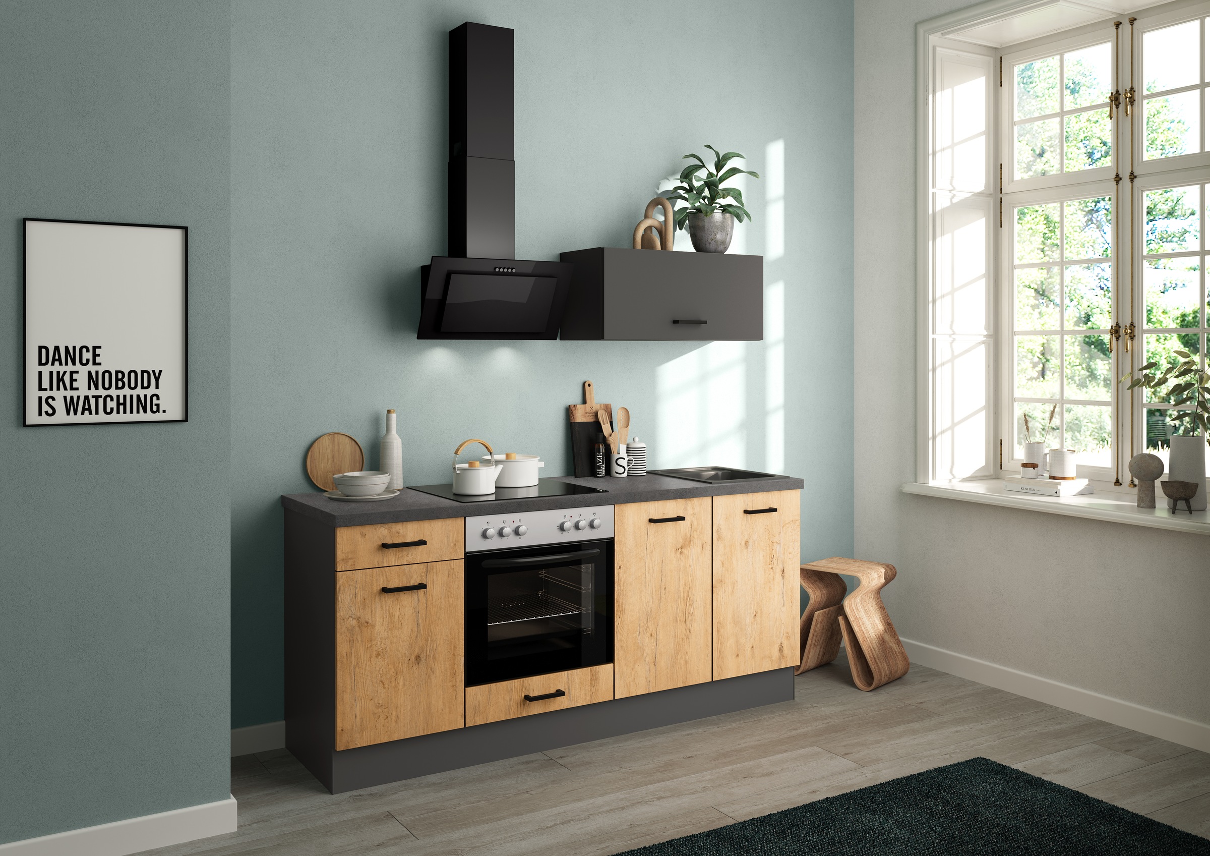 IMPULS KÜCHEN Küchenzeile »"Lissabon", Ausrichtung wählbar, Schubkästen mit Soft-Close,«, (Set), vormontiert, wahlweise mit E-Geräten, mit Vollauszug, Breite 195 cm