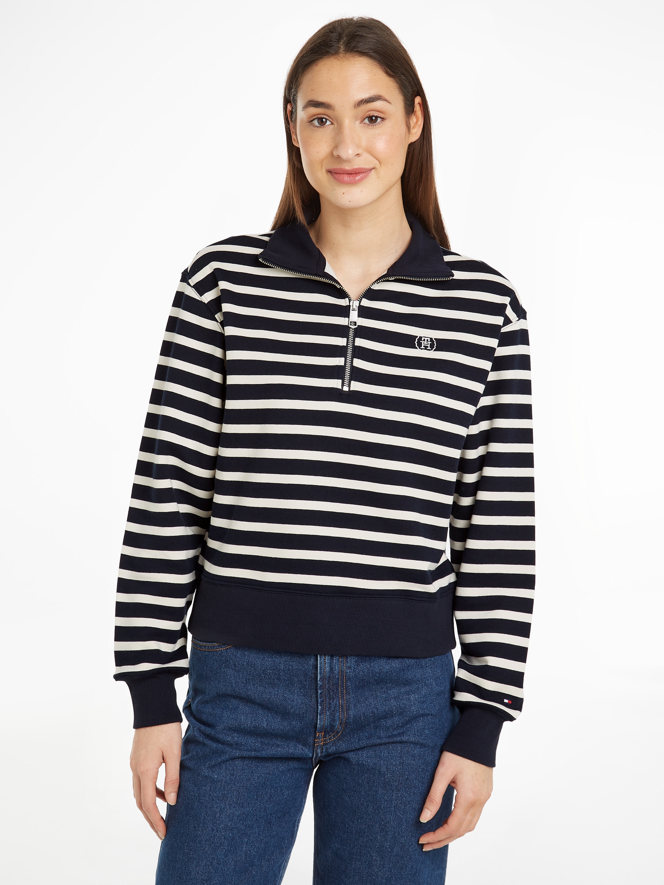 Tommy Hilfiger Sweater SMD BRETON STRIPE 1 2 ZIP HWK Polokragen mit ReiBverschlusss gestreift Logostickerei online bestellen Quelle