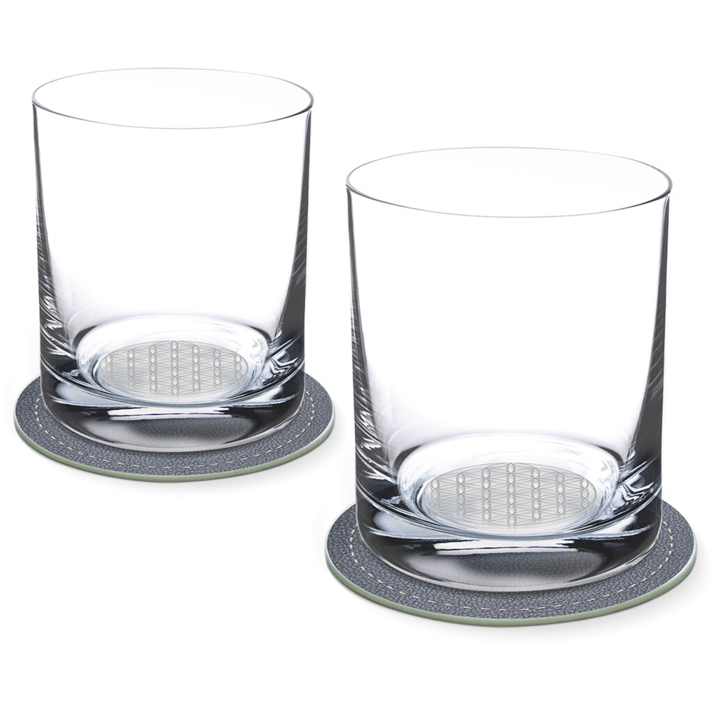 Contento Whiskyglas, (Set, 4 tlg., 2 Whiskygläser und 2 Untersetzer), Blume des Lebens, 400 ml, 2 Gläser, 2 Untersetzer