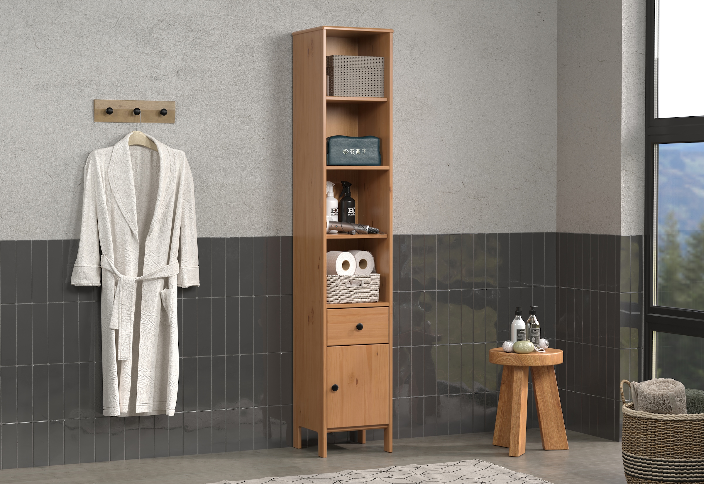 welltime Hochschrank »Kall« 1 Stk. tlg. Badschrank aus Kiefer-Massivholz mit Schublade - (B/T/H) 35/33/188 cm