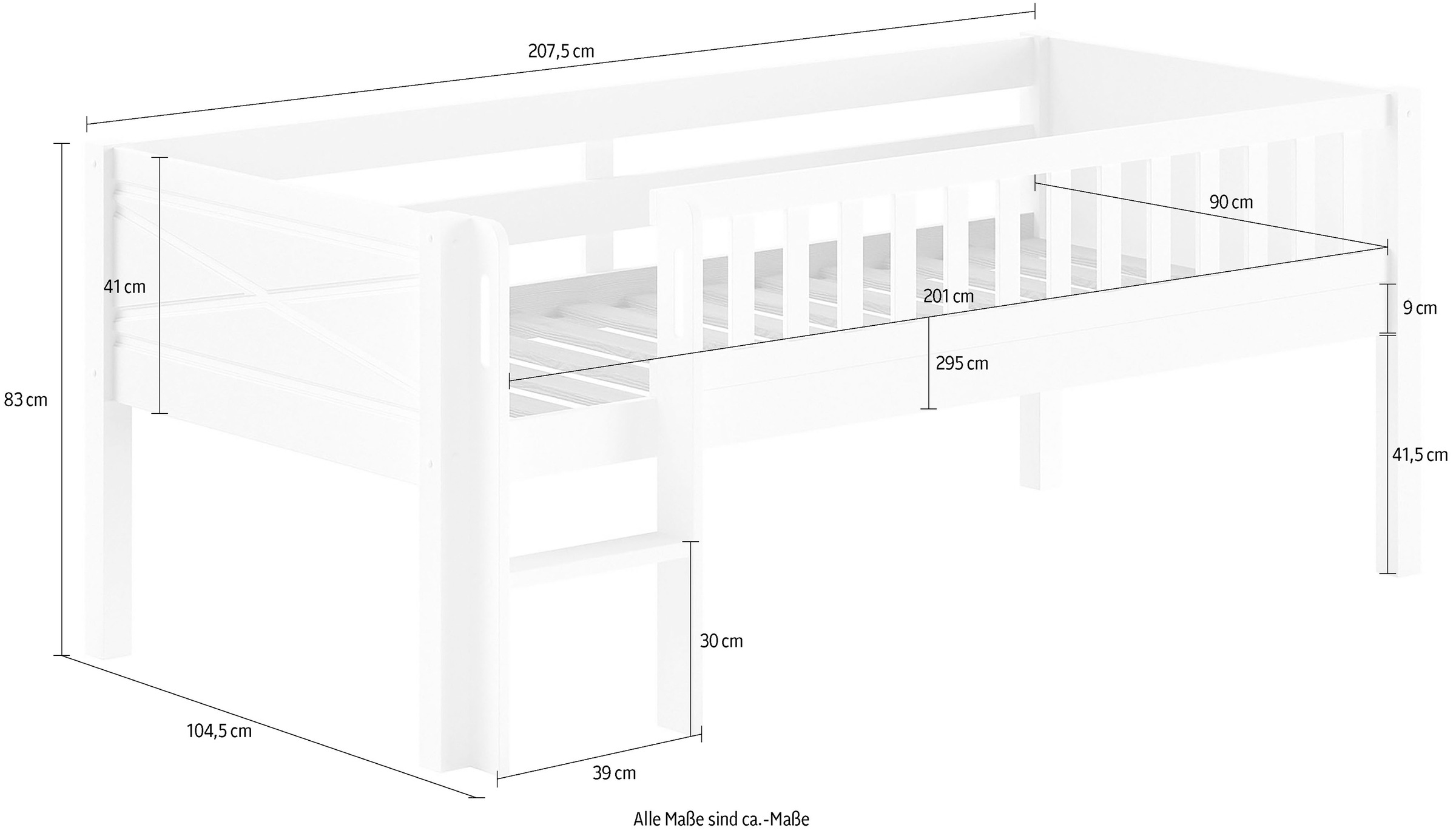 Vipack Spielbett »Scott mit niedriger Einstiegshöhe, inkl. Leiter und Rolllattenrost«, in Kiefer massiv, weiß 90x200 cm, wahlweise ohne und mit Rollboxen