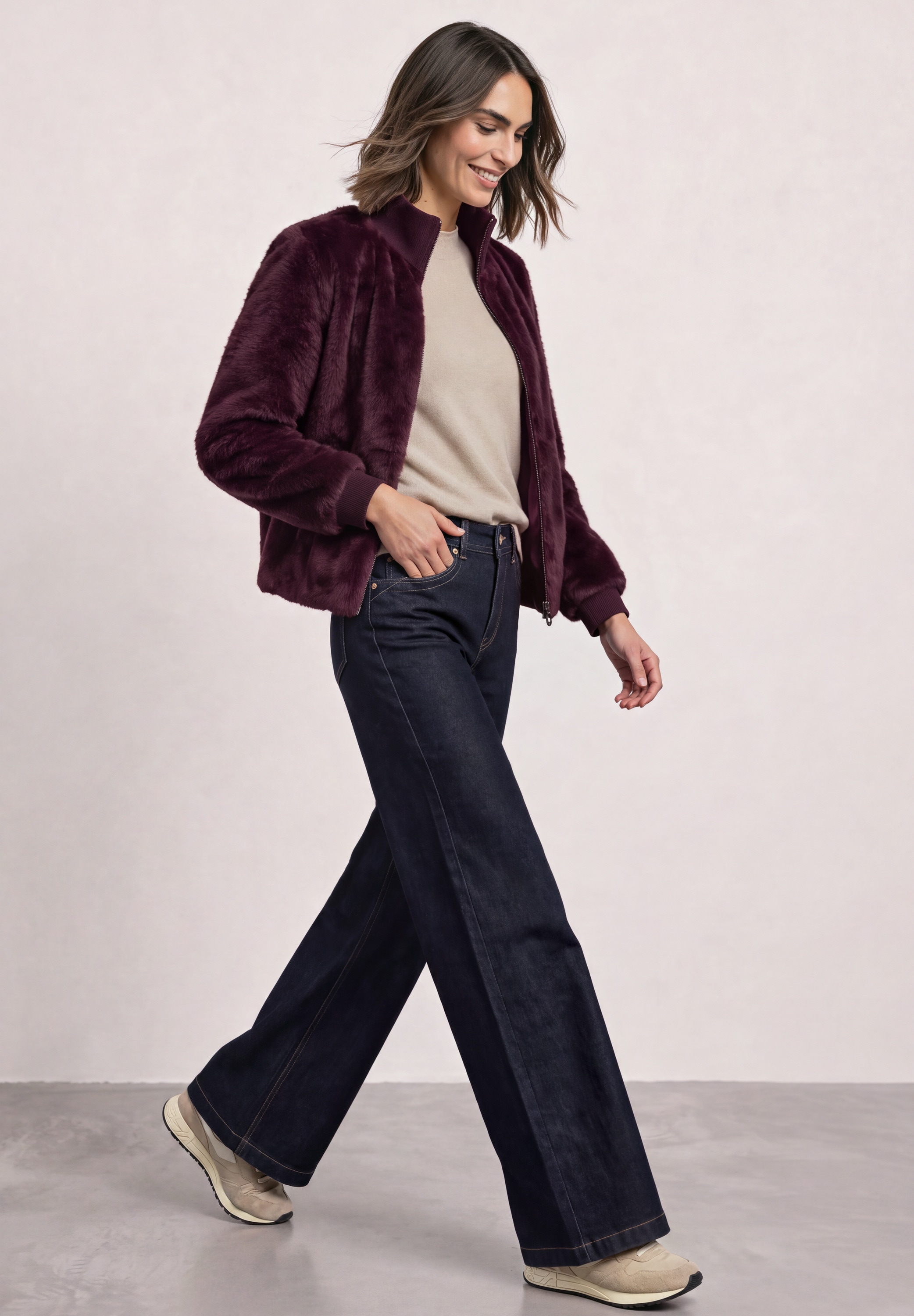 STREET ONE Blouson ohne Kapuze Fake Fur Blouson mit Strickdetails und Leo-Optik