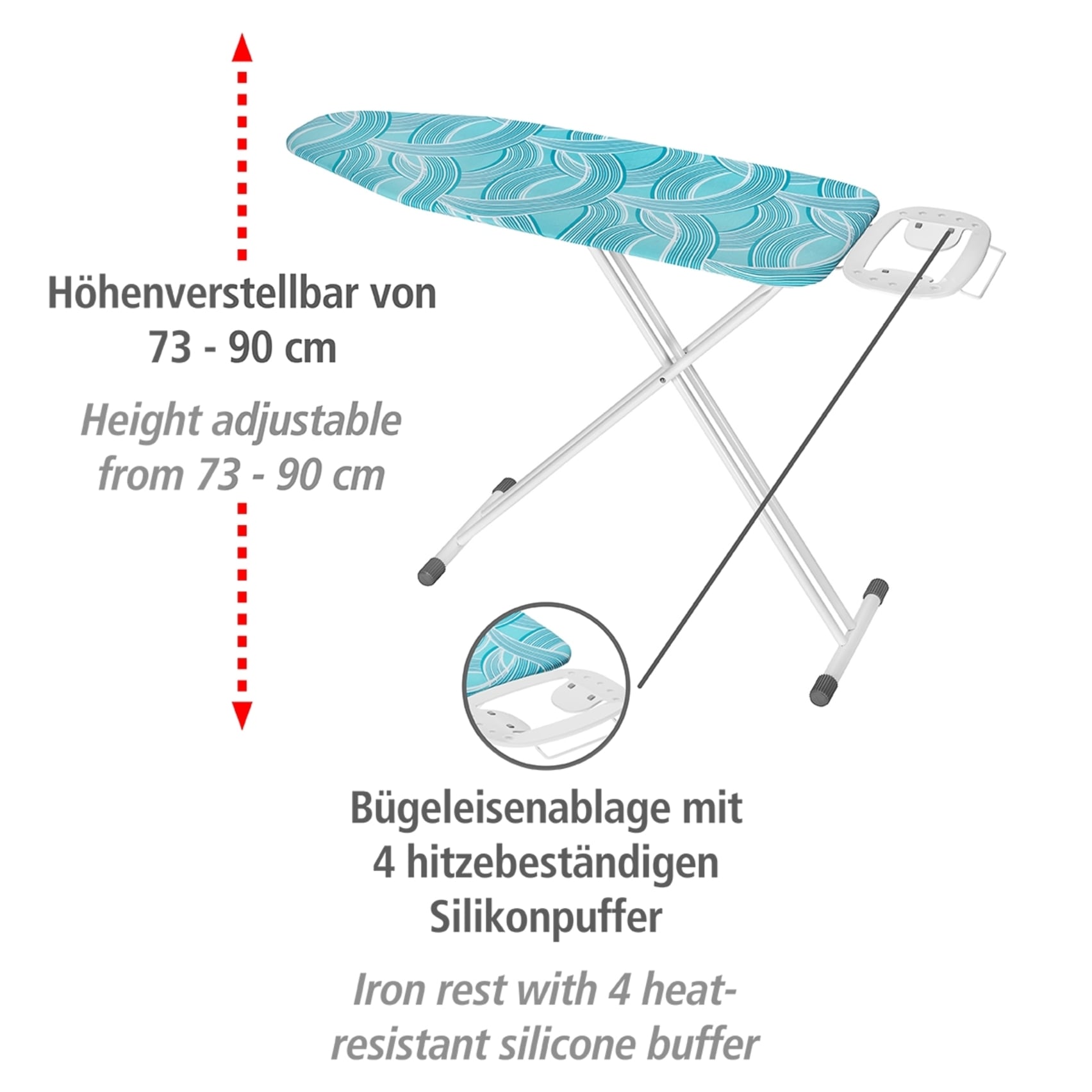 WENKO Bügelbrett »Modell Advance«, Bügelfläche 120 cmx42 cm, höhenverstellbarer Bügeltisch, platzsparend klappbar