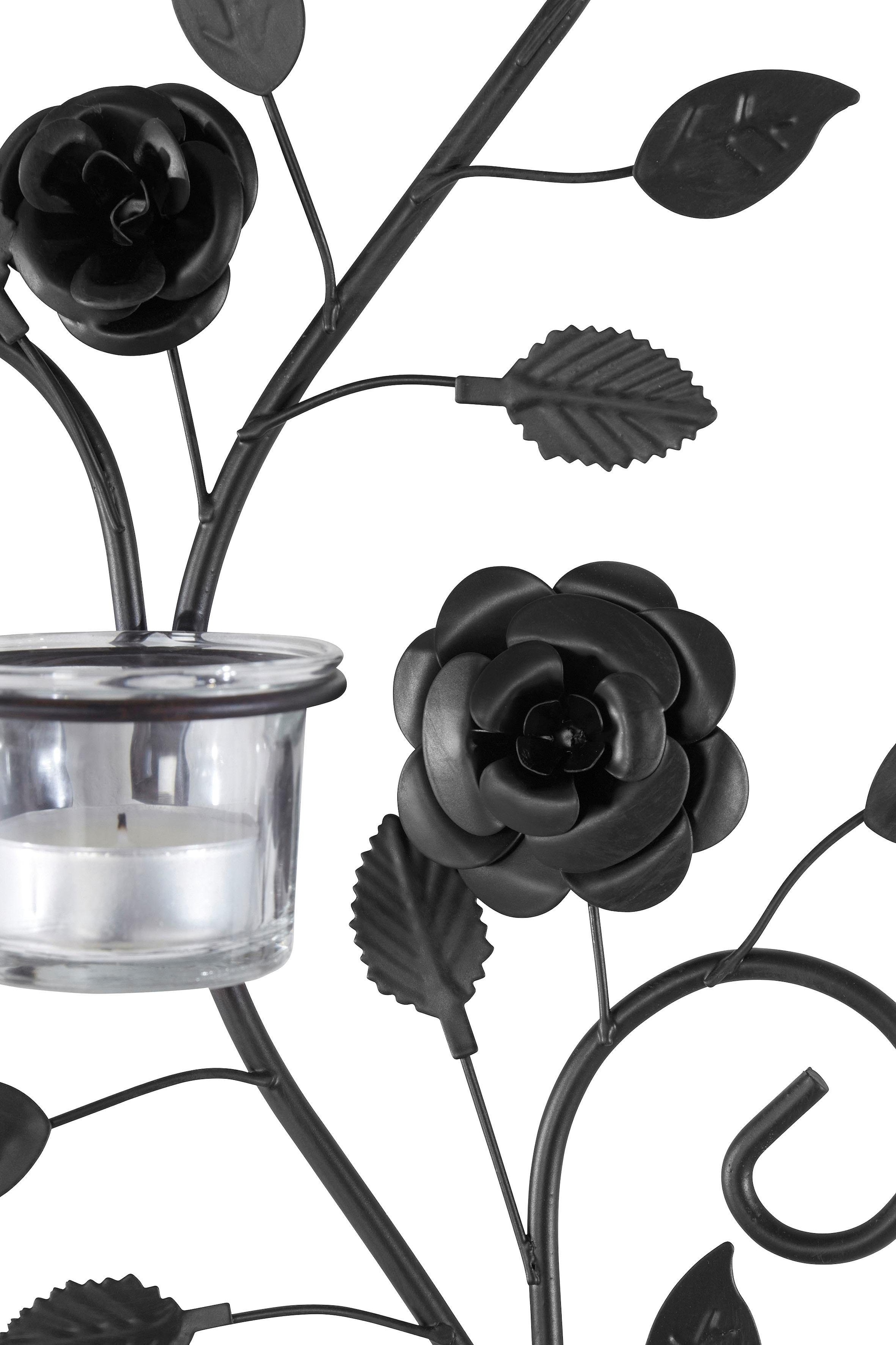 Home affaire Wandkerzenhalter »Blumenranke, schwarz«, (2er-Set), Landhaus,  Metall, Glas, schwarz antik auf Raten bestellen
