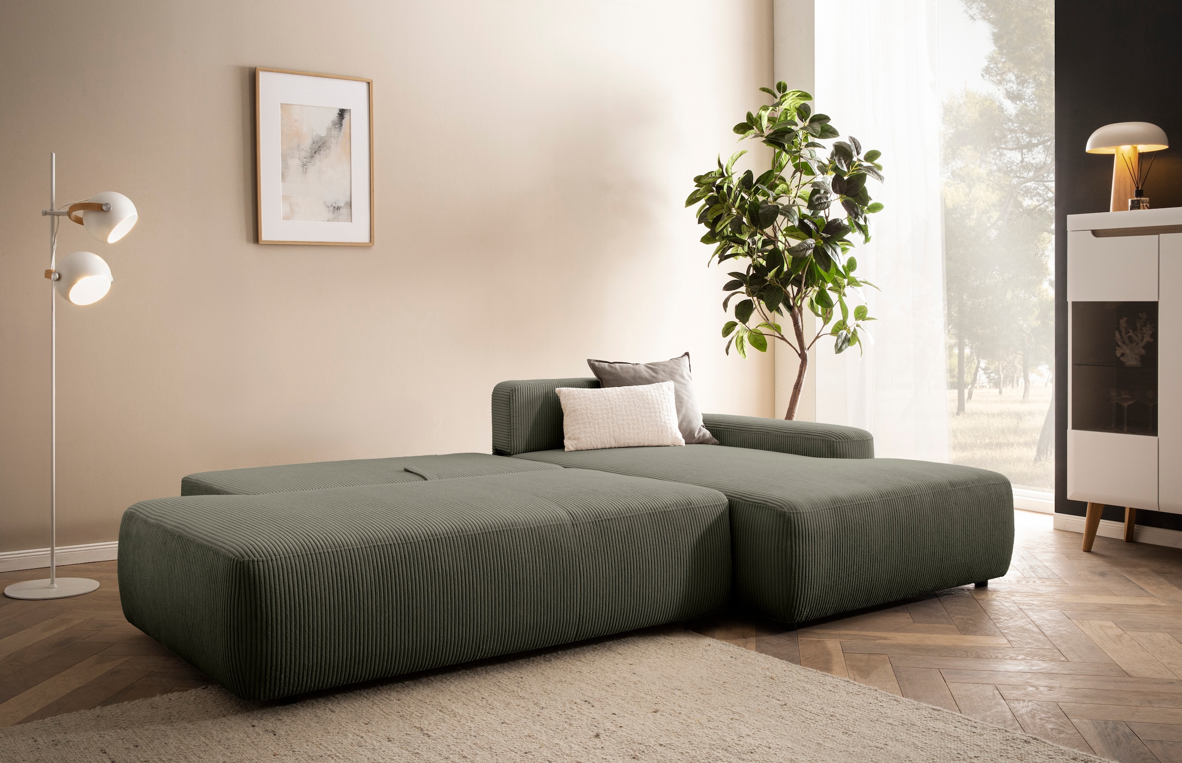 INOSIGN Ecksofa »TORGE, Schlafsofa Cord, Samtvelours u. Strukur fein, Couch in L-Form«, Schlaffunktion und Bettkasten, Liegefläche: 210x125 cm, neues Design