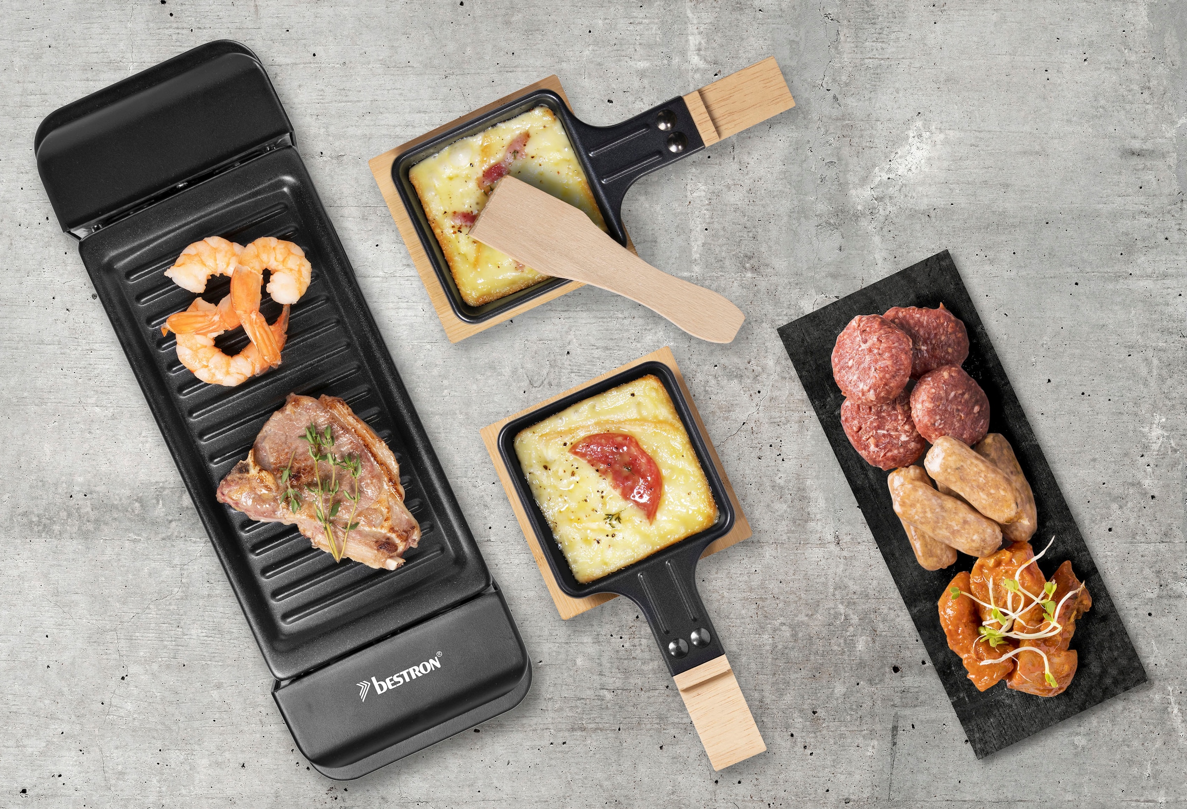 bestron Raclette »Mini Tischgrill«, 2 St. Raclettepfännchen, 350 W, für 1 bis 2 Personen, mit zwei Holzschabern & zwei Untersetzern