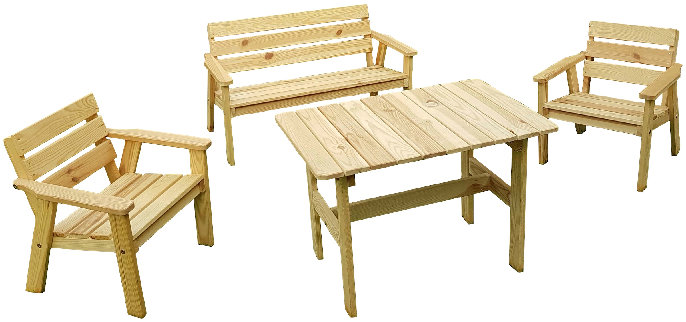 promadino Garten-Kindersitzgruppe »Fehmarn«, (4 tlg.), aus Kiefernholz, 1 Bank, 1 Tisch, 2 Stühle