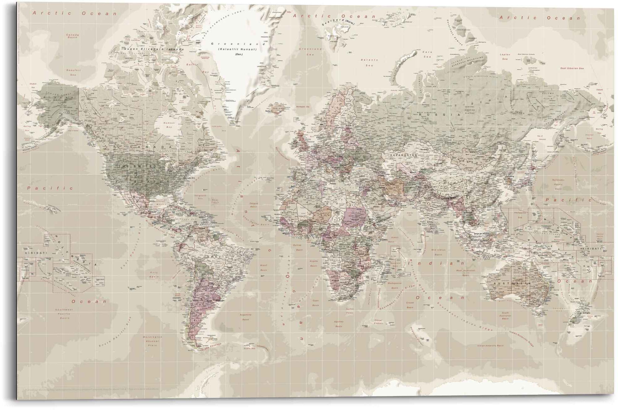 Reinders! Wandbild »Wandbild Weltkarte Natürlicher Farbton - Erdfarben -  Detailliert«, Weltkarte, (1 St.) auf Rechnung kaufen