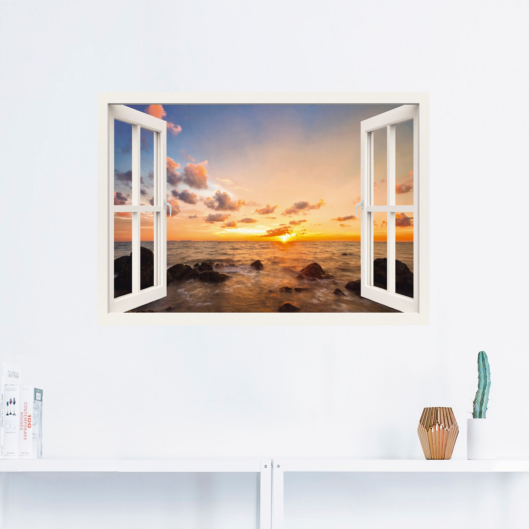 Artland Wandbild »Fensterblick Sonnenuntergang am Meer«, Fensterblick, (1 St.), als Alubild, Outdoorbild, Leinwandbild, Wandaufkleber, versch. Größen