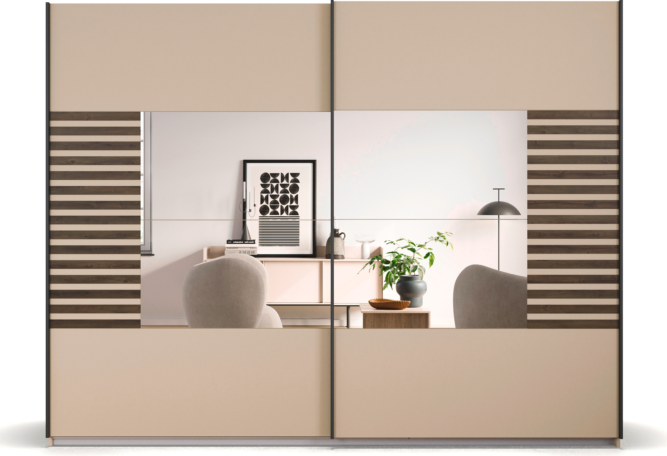 rauch Schwebetürenschrank »Kleiderschrank Schrank Garderobe Schlafzimmerschrank BAREA«, Front- Auflage in moderner Lamellen-Optik und Spiegel MADE IN GERMANY