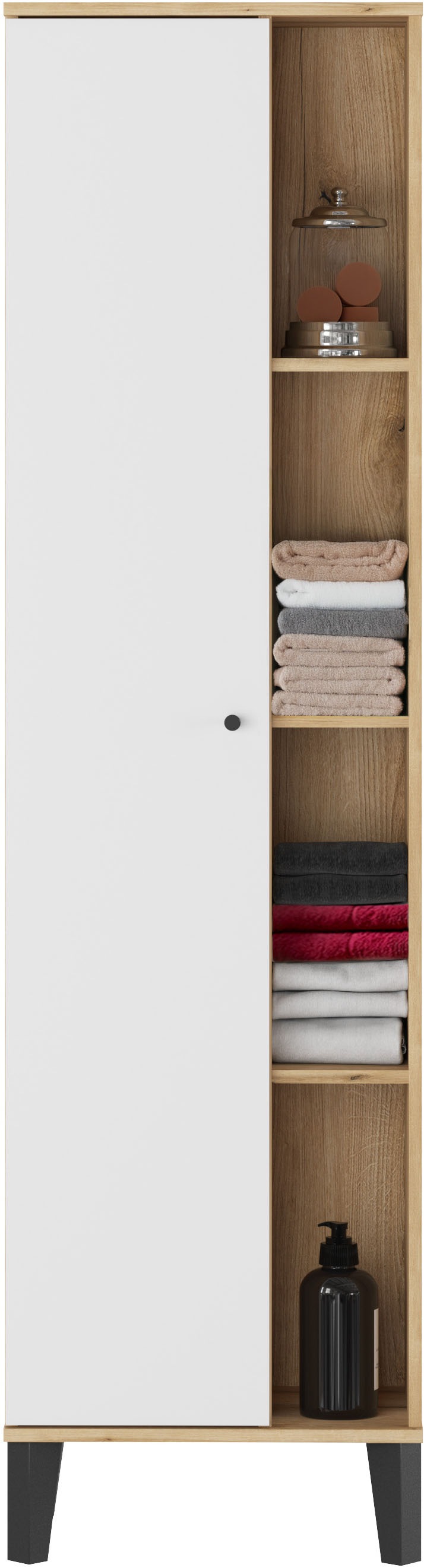 INOSIGN Stauraumschrank »Oslo, Badschrank mit Knopfgriff, Hochschrank im skandinavischen Design«, in der Türfarbe Weiß oder Grau verfügbar, ausreichend Stauraum