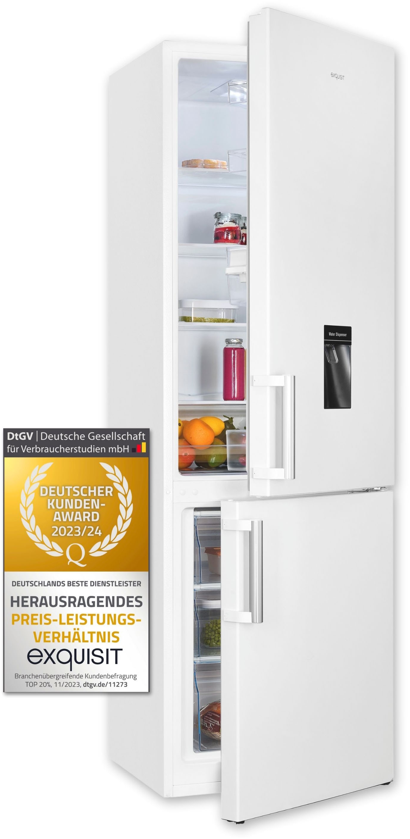 exquisit Kühl-/Gefrierkombination »KGC265-70-H-WS-010E weiss«, Wasserspender