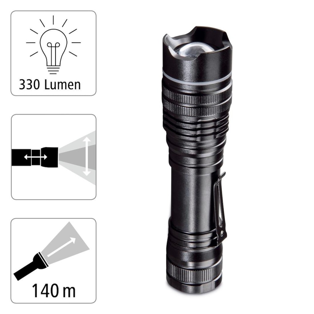 Hama LED Taschenlampe »LED Taschenlampe Outdoor mit Clip, 330 Lumen, 3 Lichtmodi, fokussierbar, Professional«