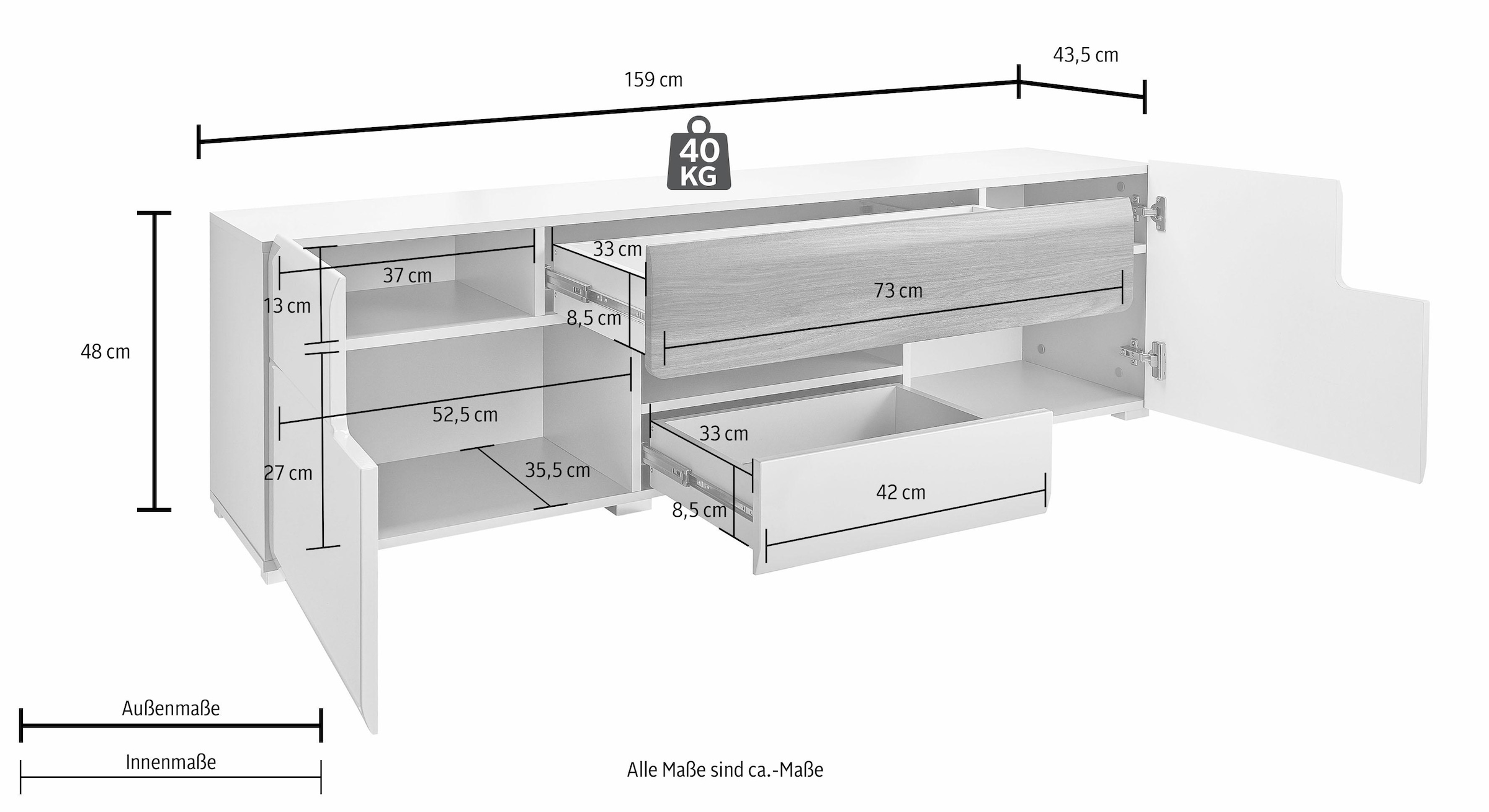 INOSIGN Lowboard »Toledo,Breite 159cm, trendige TV-Schrank mit dekorative Fräsungen«, TV-Board ohne Beleuchtung, TV-Kommode mit viel Stauraum