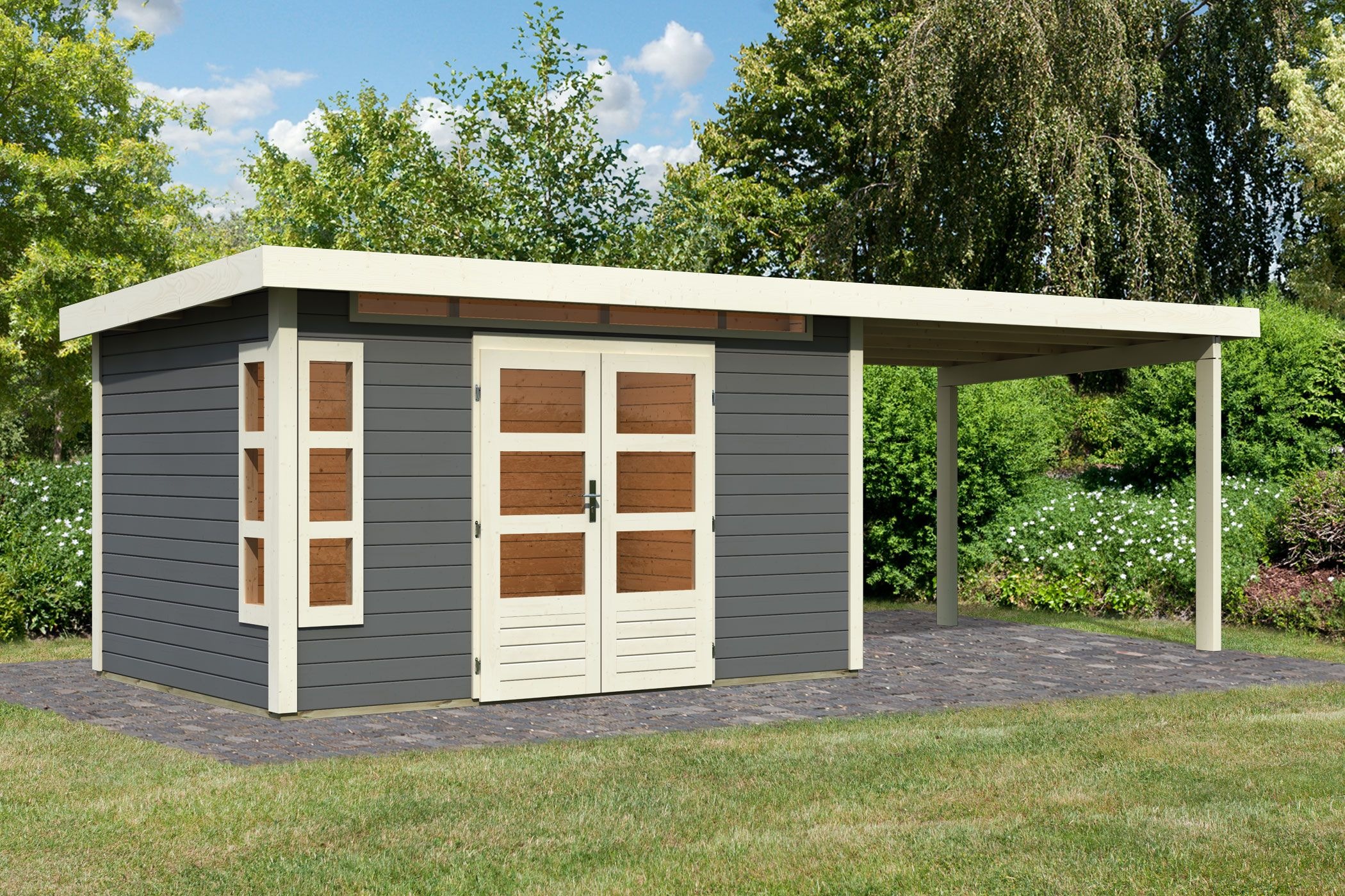 Karibu Gartenhaus »Kolimasee 7«, (Set), mit Anbaudach 3,2 m, terragrau