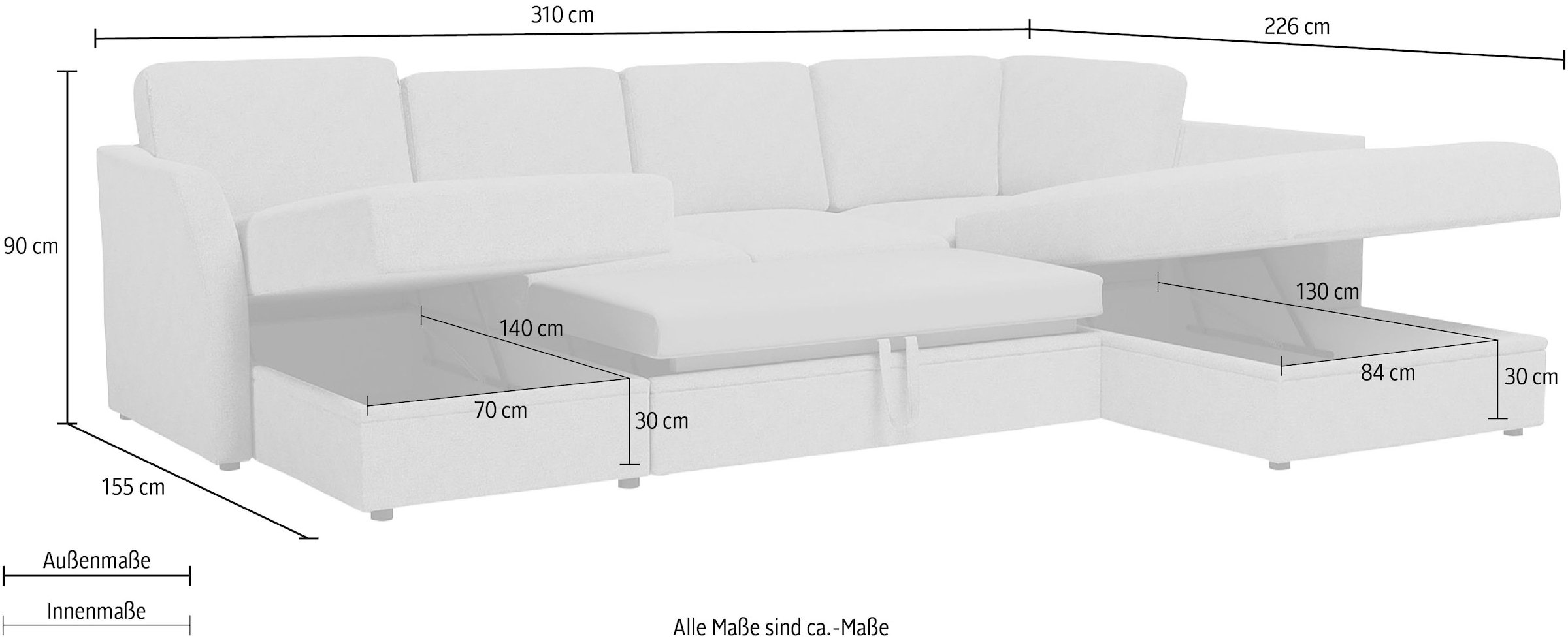 Home affaire Wohnlandschaft »Lavars Schlafsofa«, mit Bettfunktion und Stauraum, in zwei verschiedenen Bezugsqualitäten