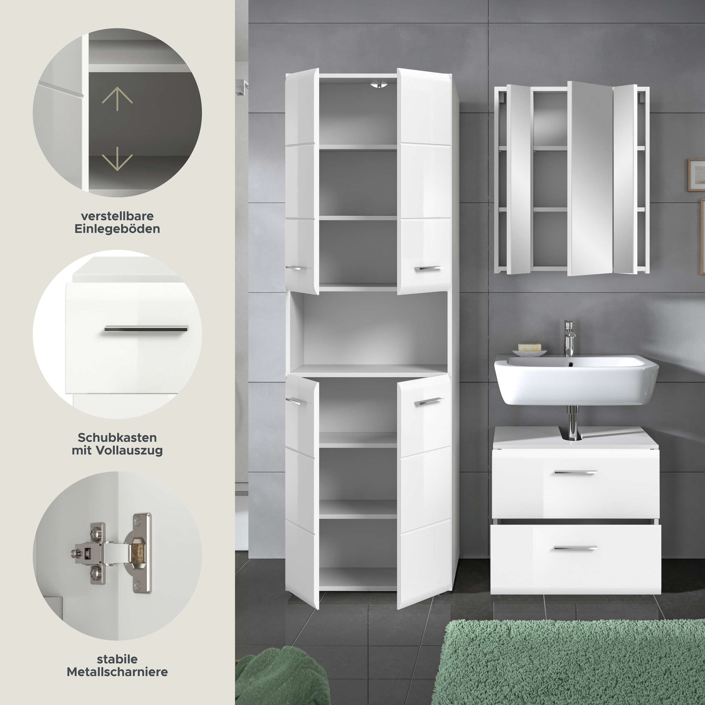 INOSIGN Badmöbel-Set »FLORENZ, TOPSELLER!, 3-teilige Badkombination, hochwertige MDF-Front«, (best. aus: 1 Hochschrank, 1 Waschbeckenunterschrank, 1 Spiegelschrank), Bad-Kombination, Bad-Möbel, Badezimmer, Kombination, Kombi