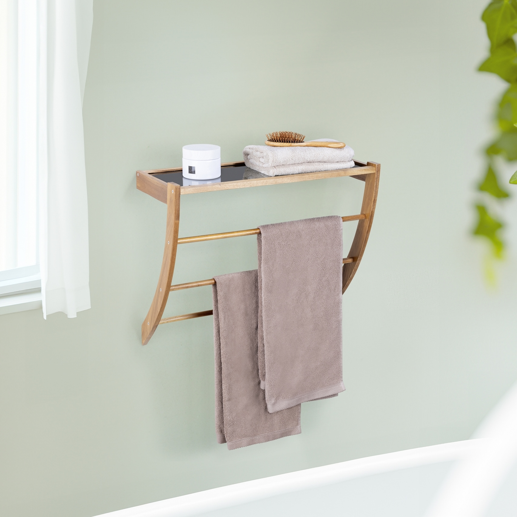 WENKO Wandregal »Fondi« Badregal mit Ablage aus Glas und 3 Handtuchstangen, Akazienholz
