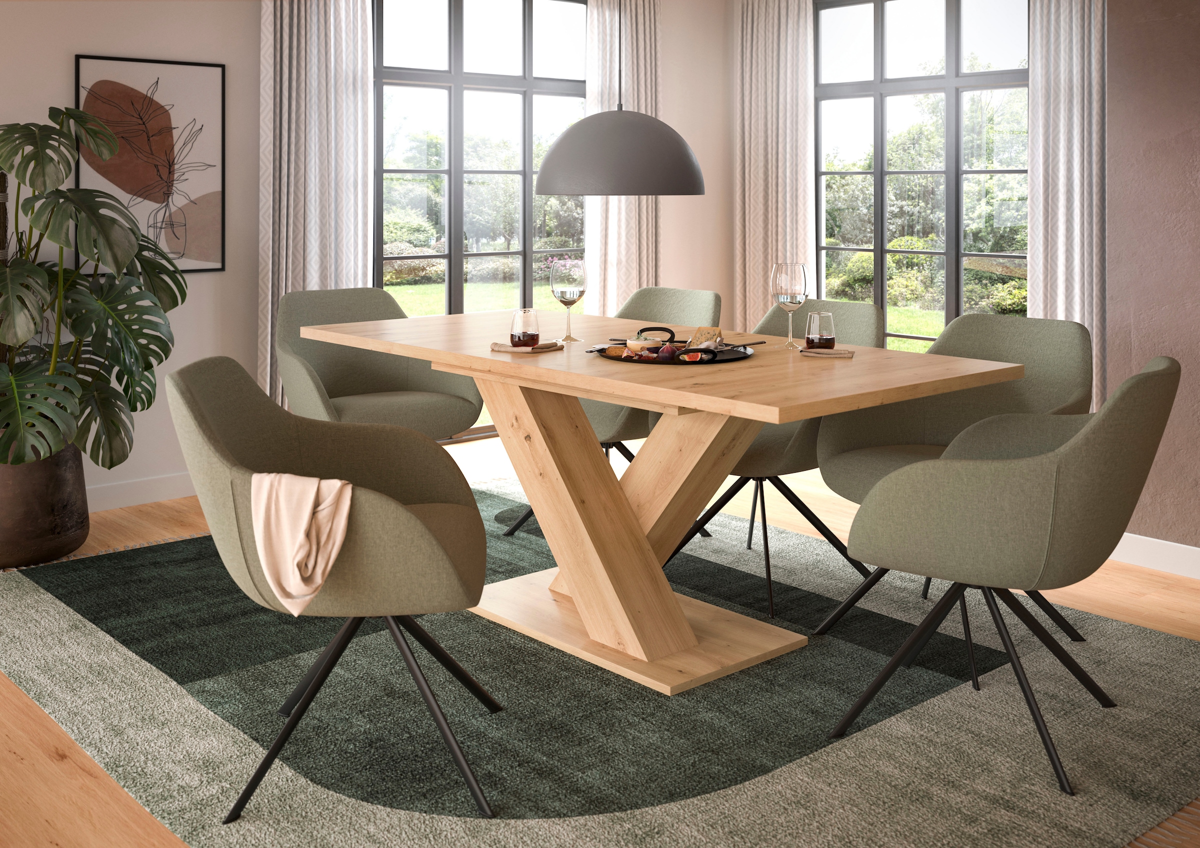 INOSIGN Esstisch »Motus, ausziehbar 150 -190 cm, inklusive 40 cm Einlegeplatte«, (Set, 1 St.), X-Gestell mit Bodenplatte, Tisch, Küchentisch, Esszimmer, Küche