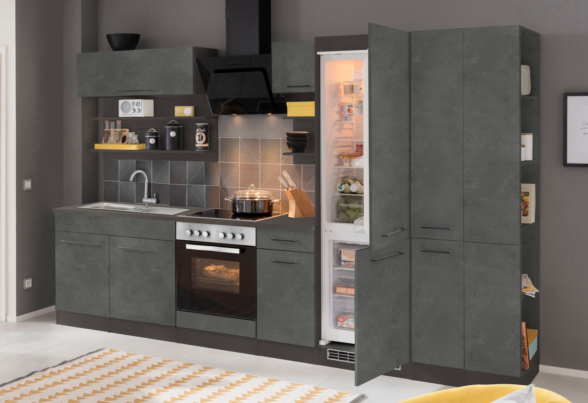 KOCHSTATION »KS-Tulsa« ohne E-Geräte, Breite 300 cm, schwarze Metallgriffe, MDF Fronten