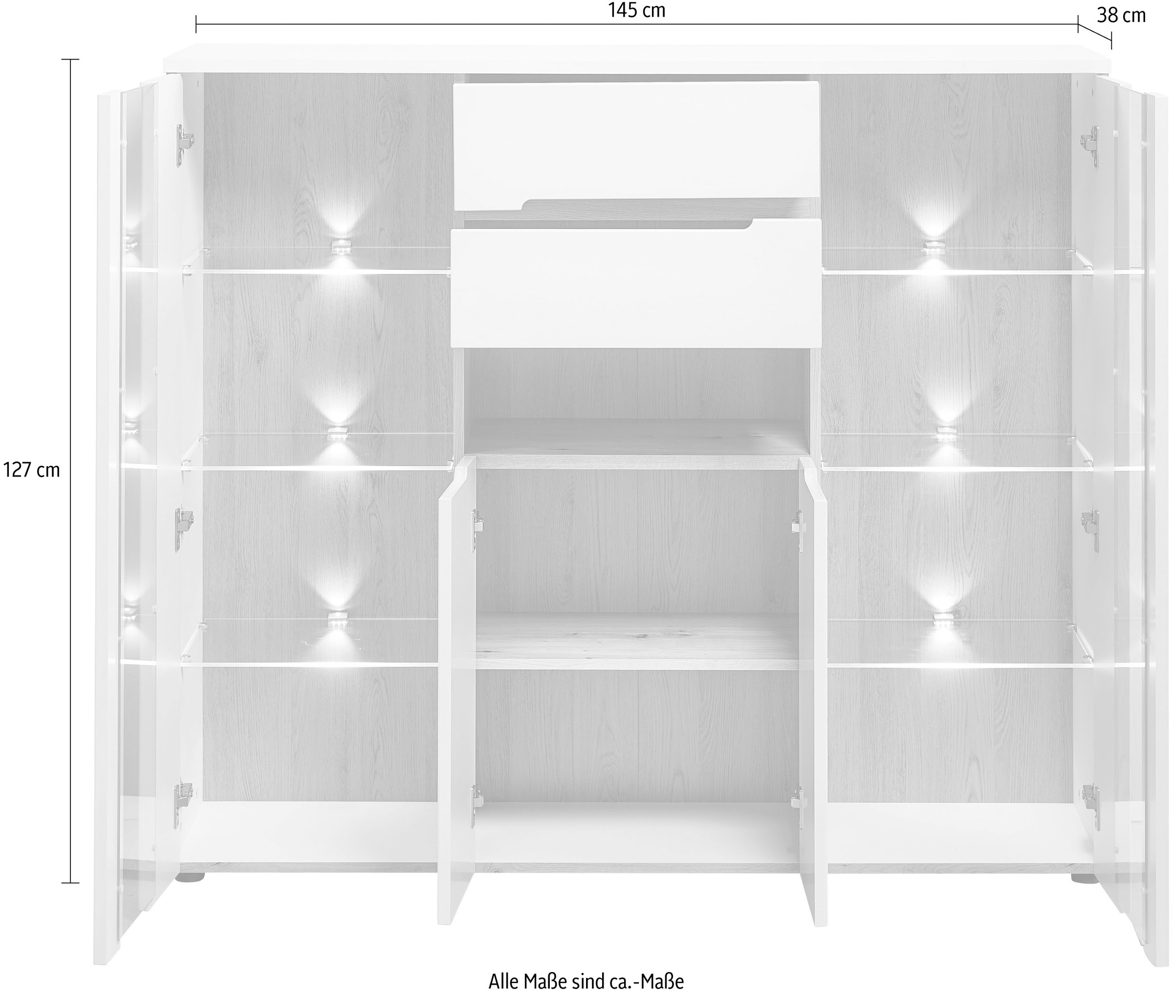 Innostyle Highboard »Memphis Highboard, 145x127x38cm (B/H/T)«, (1 St.), 4 türig, 2 Schubkasten, LED-Beleuchtung, Soft-Close