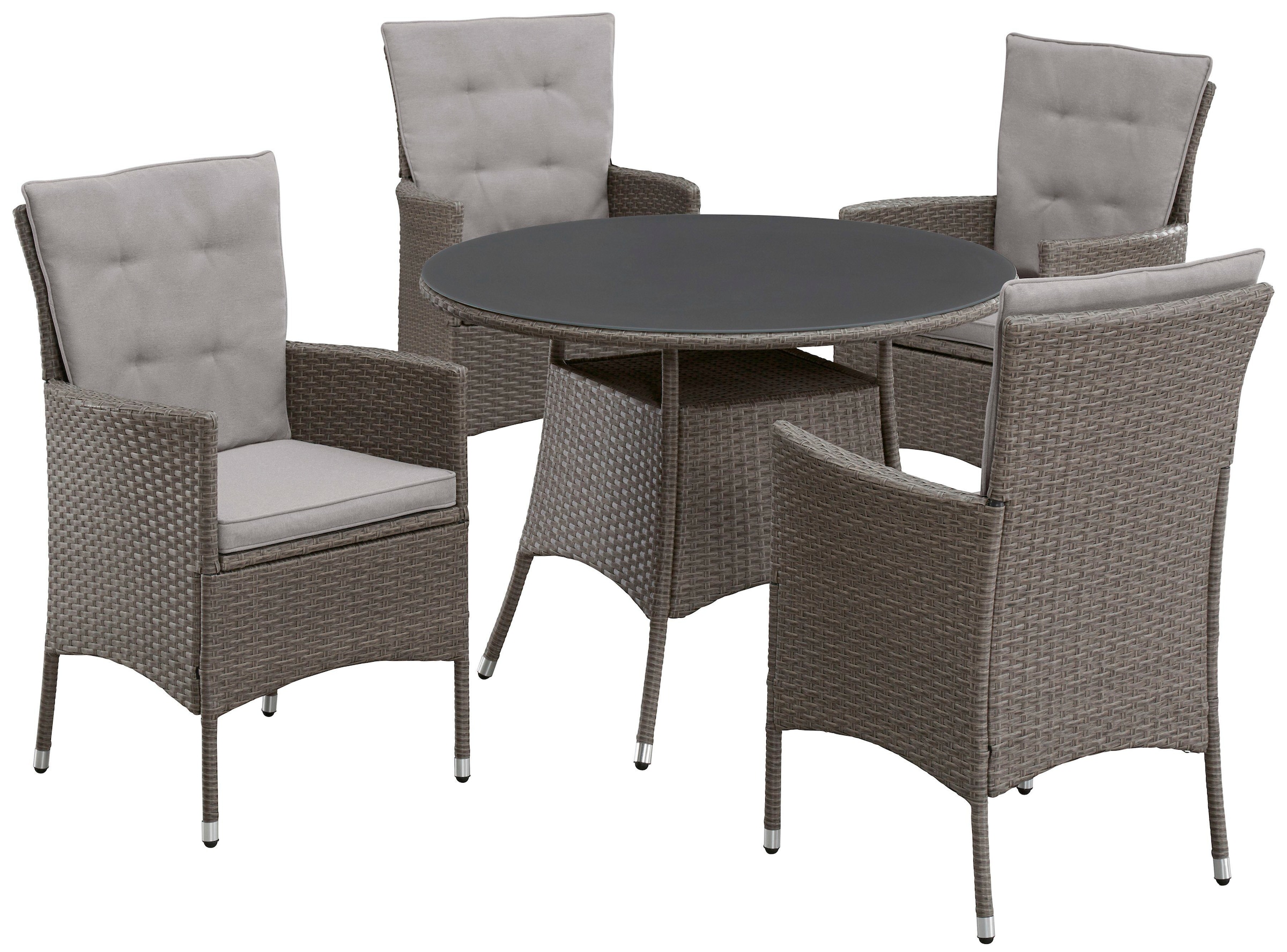 KONIFERA Garten-Essgruppe »Mailand«, (Set, 13 tlg., 4 Sessel, Tisch Ø 100 cm, inkl. Auflagen), Polyrattan, Stahl, Braun, Tischplatte aus Sicherheitsglas