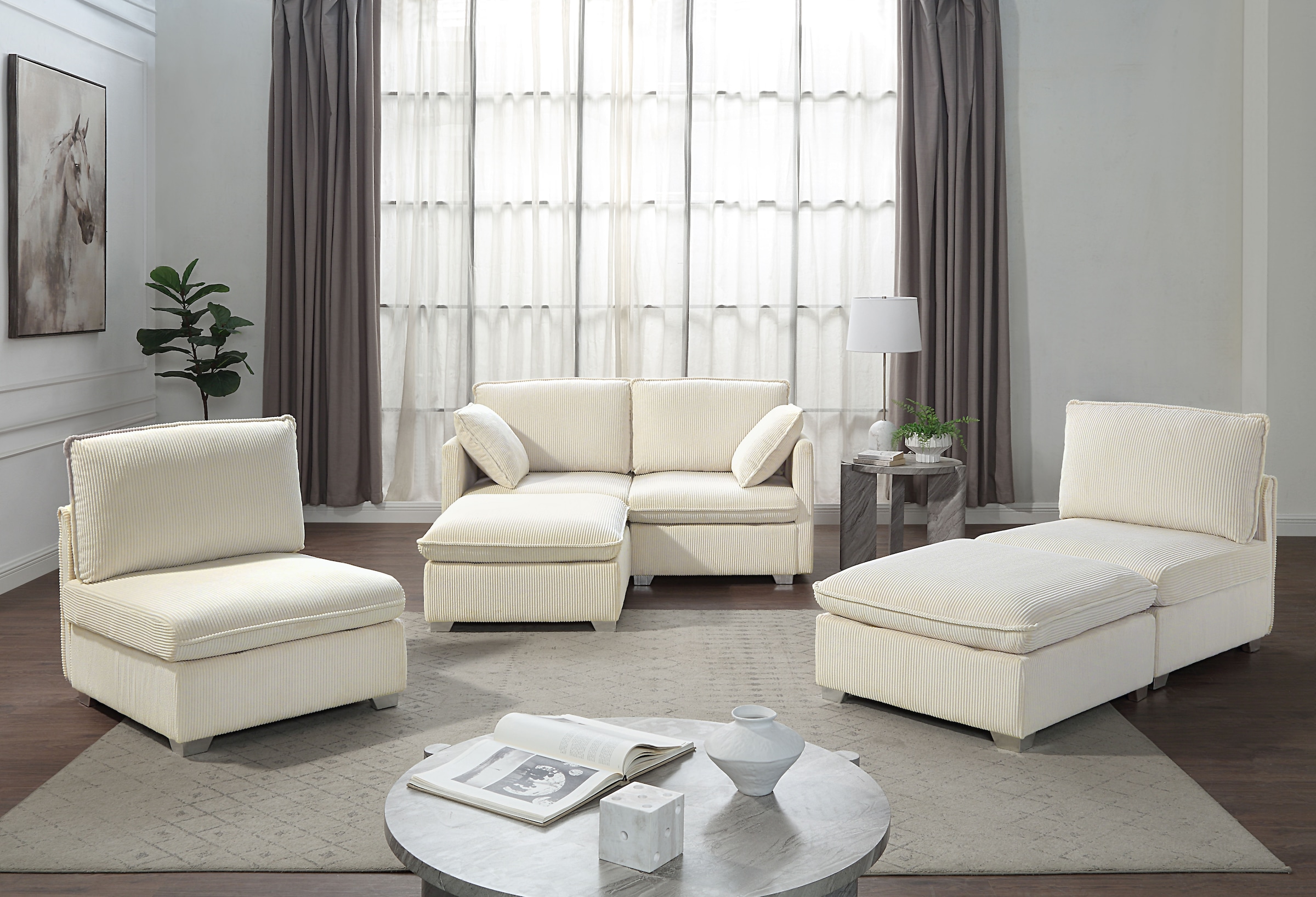 ATLANTIC home collection Wohnlandschaft, modularer 4-Sitzer mit 2 Hockern, weicher Cordbezug