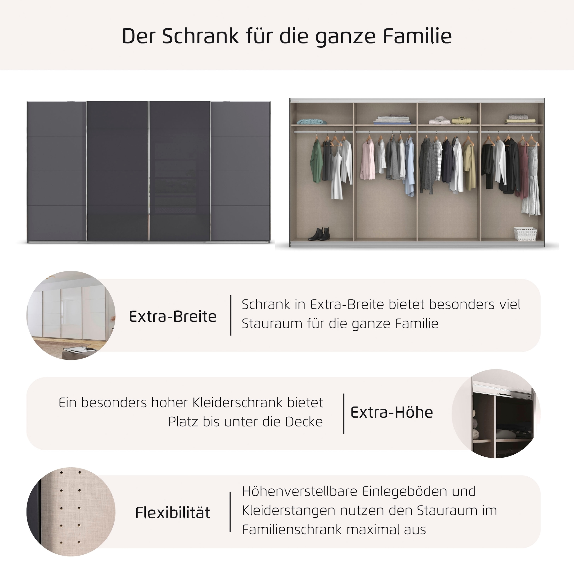 rauch Schwebetürenschrank »Kleiderschrank Schrank Garderobe Wäscheschrank Ankleide SYNCRONO« Mitteltüren öffnen parallel, Breiten 271/316/361 cm Höhen 211/230 cm,  Mitteltüren mit praktischer Synchron-Öffnung MADE IN GERMANY