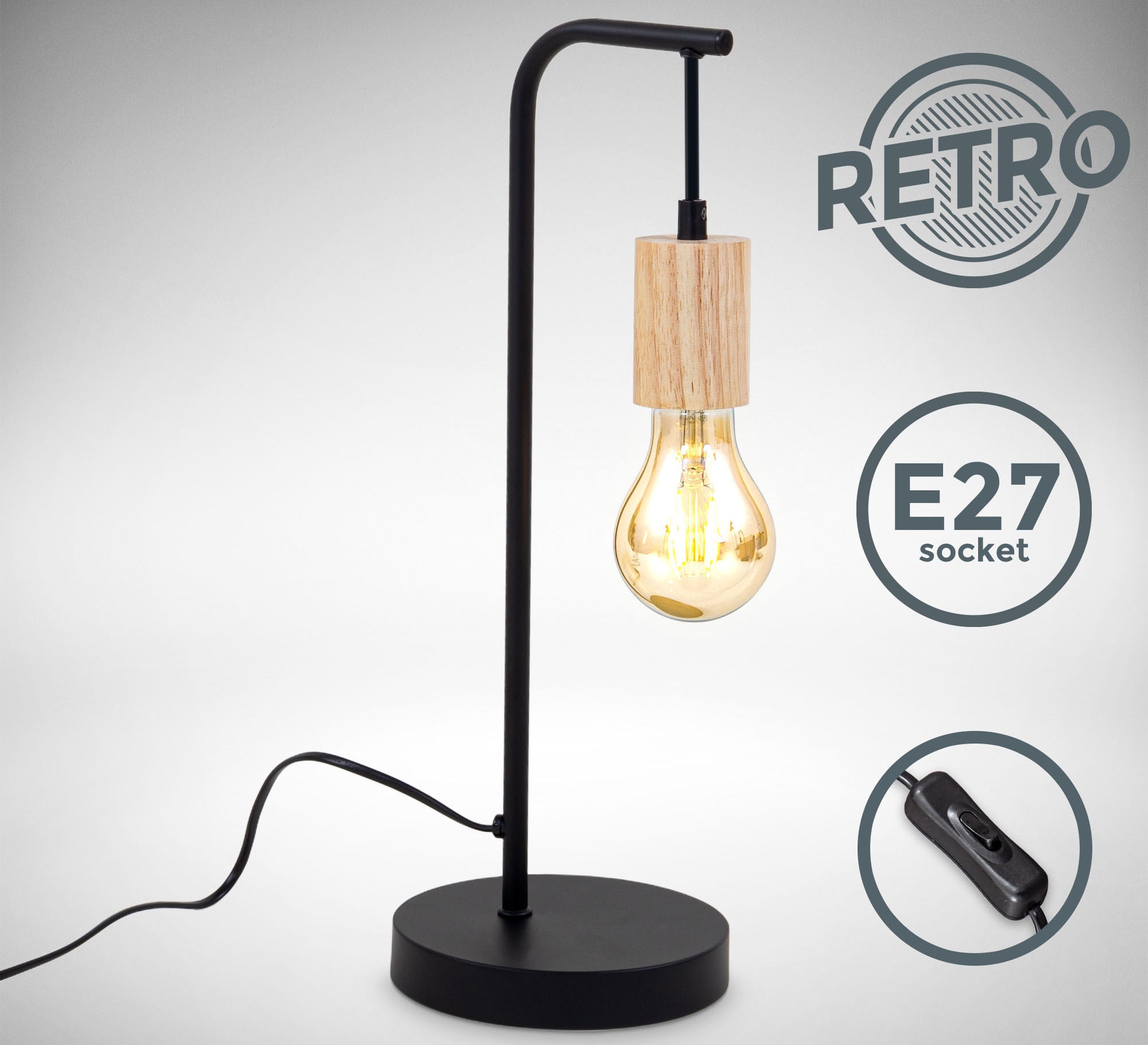 B.K.Licht Tischleuchte »BK_TL1375 Retro Tischlampe, Schwarz, Metall, E27, Kabel mit Schalter«, 1 flammig, Leuchtmittel E27 | ohne Leuchtmittel, Schreibtischlampe, Schwarz-Holz, Ohne Leuchtmittel