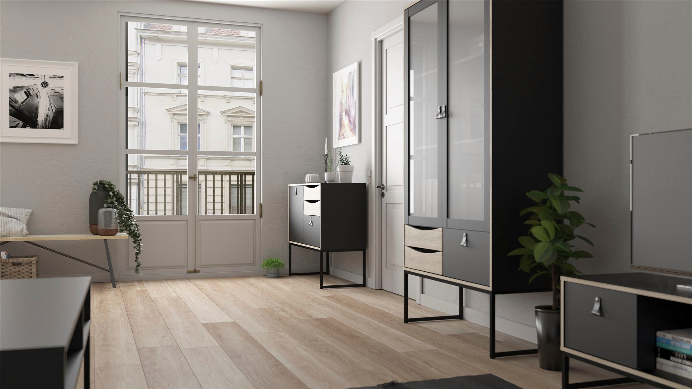 andas Vitrine »Stubbe«, Glasvitrine mit zwei Rahmentüren, 3 Schubkästen, Leder-Griffe