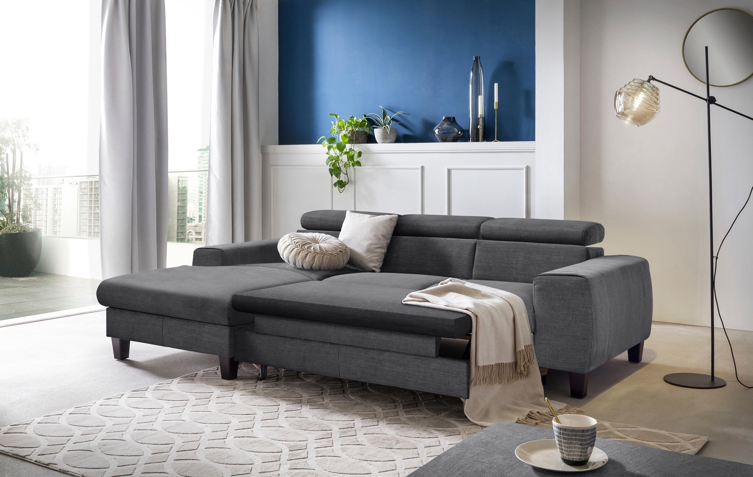 COTTA Ecksofa »Morven L-Form mit Kopfteilverstellung«, wahlweise mit Bettfunktion, Bettkasten & Wireless-Charger