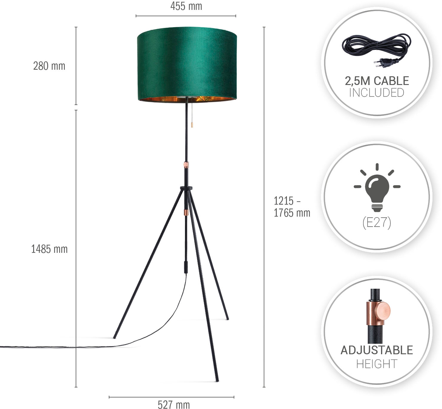 Paco Home Stehlampe »Naomi uni Color«, Leuchtmittel E27 | ohne Leuchtmittel, Wohnzimmer Höhenverstellbar 121,5 bis 176,5 cm Zugschalter Velour