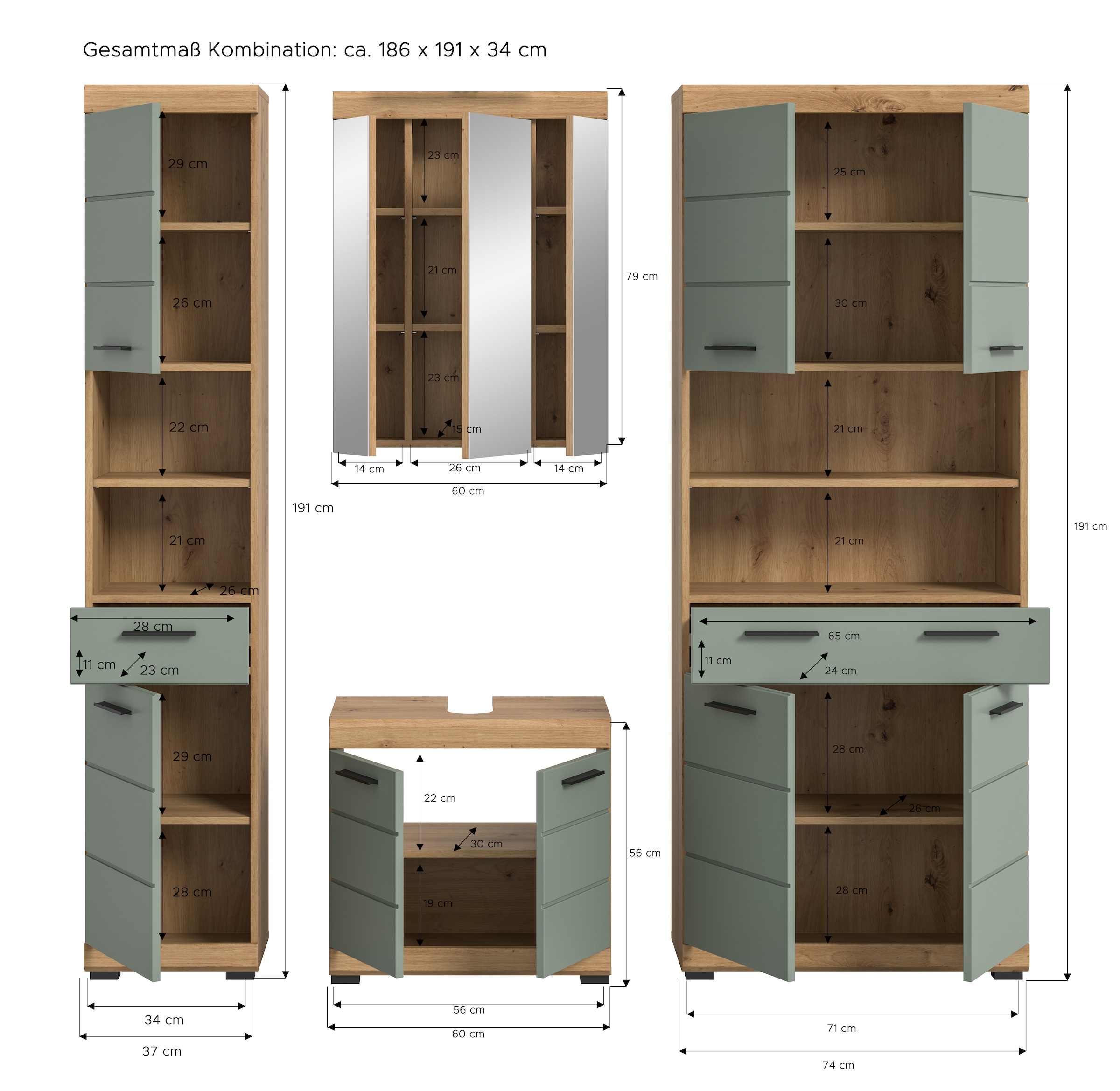 INOSIGN Badmöbel-Set »Siena, 4 teilig, bestehend aus:«, (Set), Hochschrank schmal, WBU, Spiegelschrank, Hochschrank breit