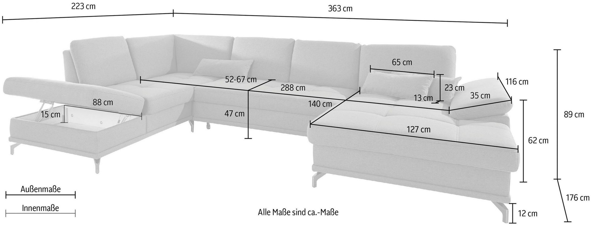 Places of Style Wohnlandschaft »Costello U-Form, mit Sitztiefenverstellung, Armteilverstellung und«, 3 Nierenkissen, optional Bettfunktion und Bettkasten