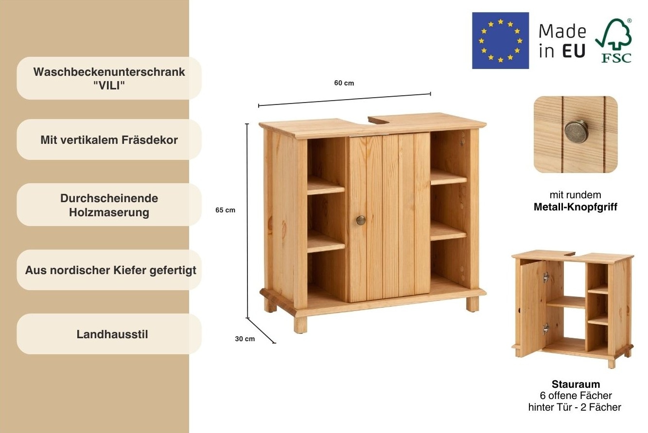 Home affaire Waschbeckenunterschrank »Vili«, Badezimmerschrank im Landhaus-Look, mit 6 Fächern, aus Massivholz