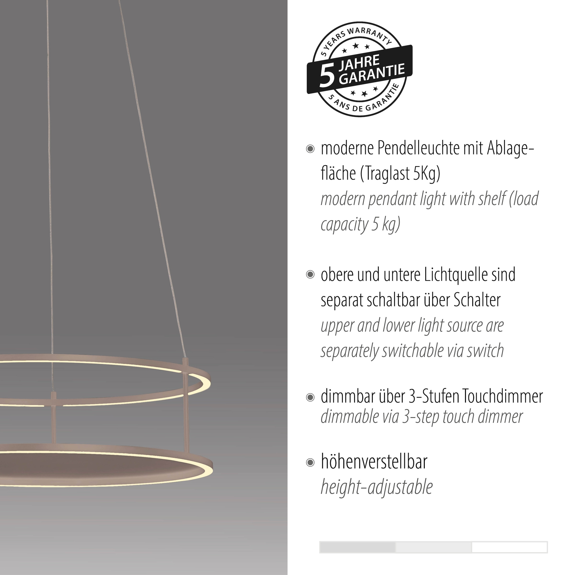 Paul Neuhaus LED Pendelleuchte »CONTURA« LED-Board 1 Stk. Warmweiß Touchdimmer, separat schaltbar, Memoryfunktion, Deko-Ablagefläche