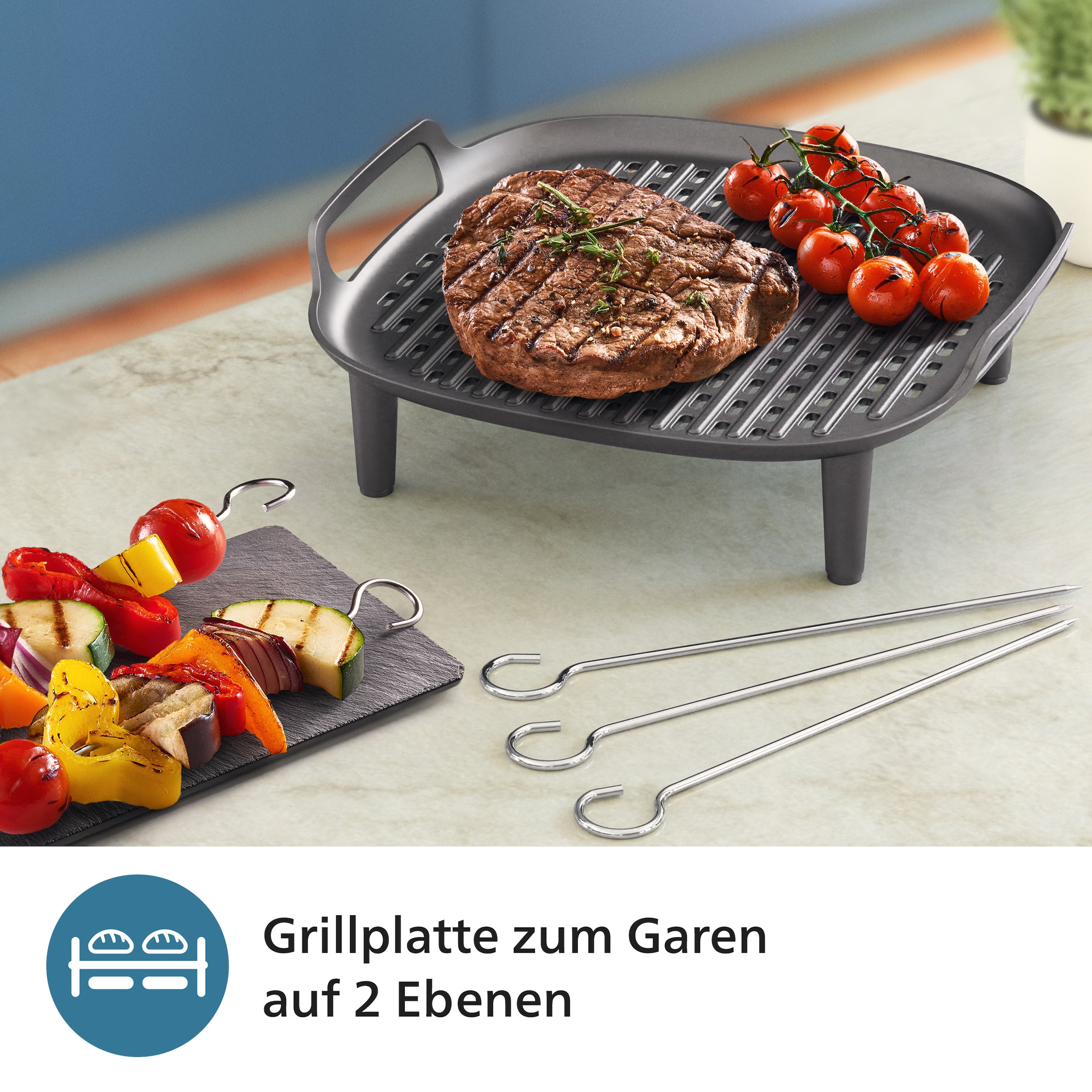Philips Grillpfanneneinsatz »HD9946/00 für Airfryer 6,2 l, Grillplatte zum Garen auf 2 Ebenen«, (Set, 6 St.), inkl. 5 Spieße, HomeID App, spülmaschinenfest